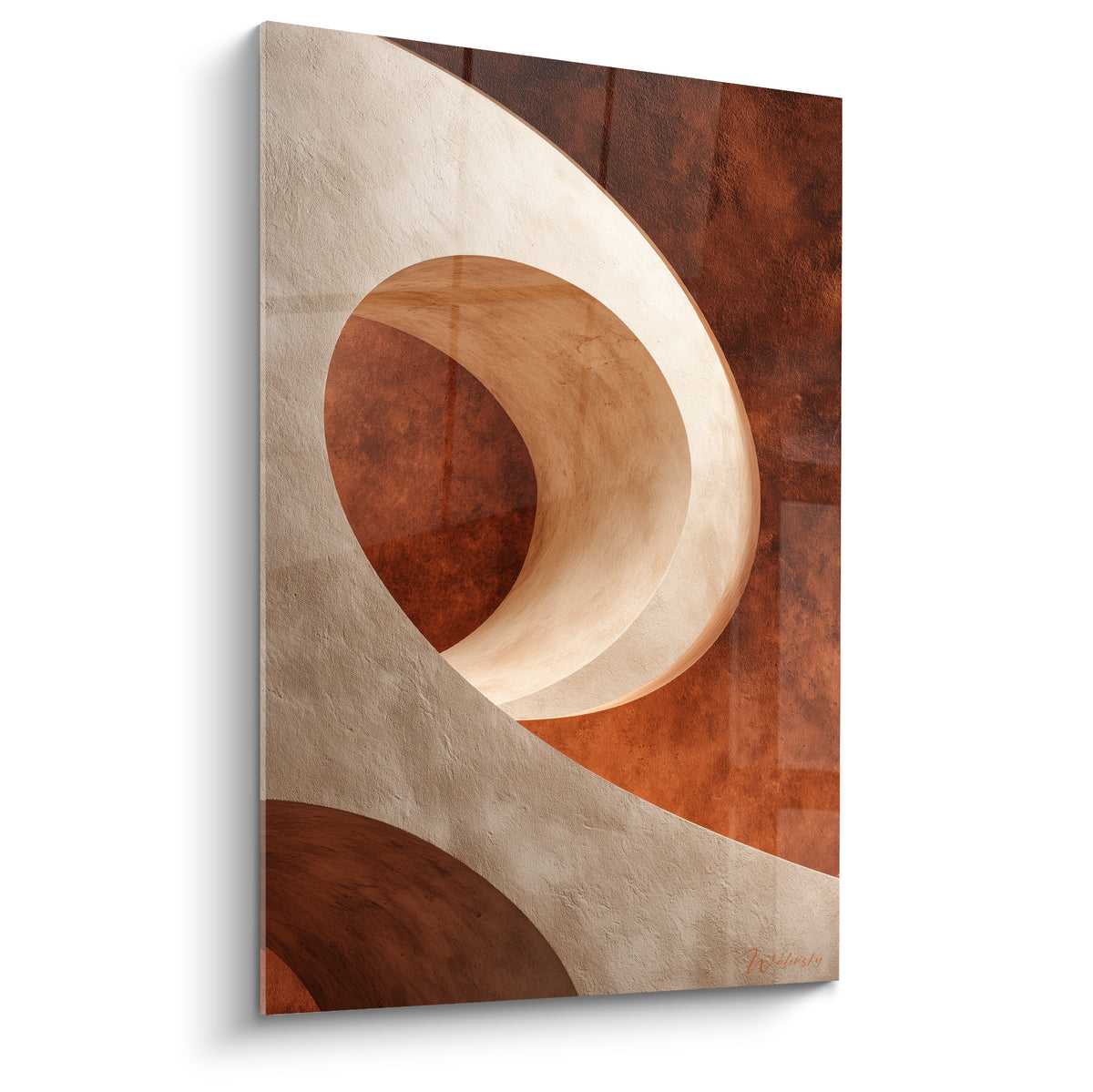 Spirale sculpturale beige et terracotta évoquant un passage architectural creusé dans la pierre rouille