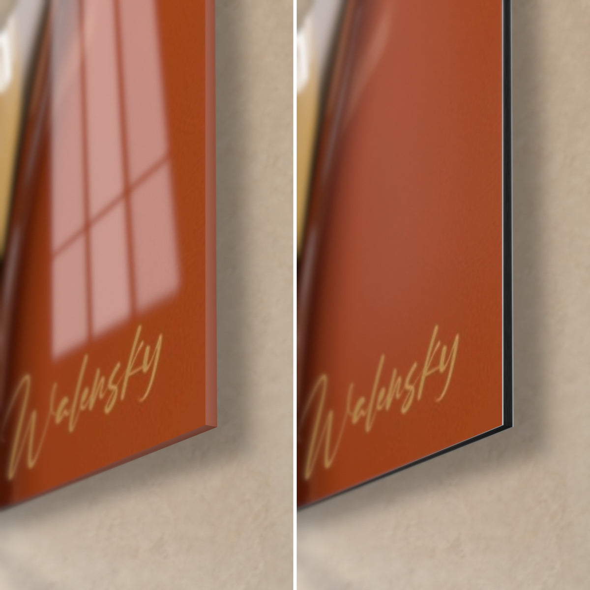 Schilderij met gelakte pilletjes in terracotta, rechtsonder: glanzend acrylglas dat het raam weerspiegelt, mat Dibond, rand van 3 mm