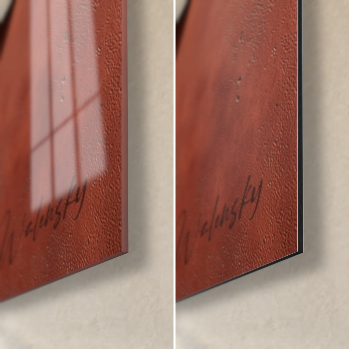 Wall art terracotta volute in relief, brick and copper, glossy reflections on acrylic glass left, matte Dibond right, 3 mm edge