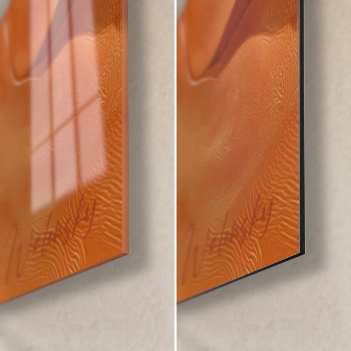 Wall art with copper undulations, bottom right corner: glossy acrylic glass with reflections and matte black Dibond aluminium, 3 mm edge