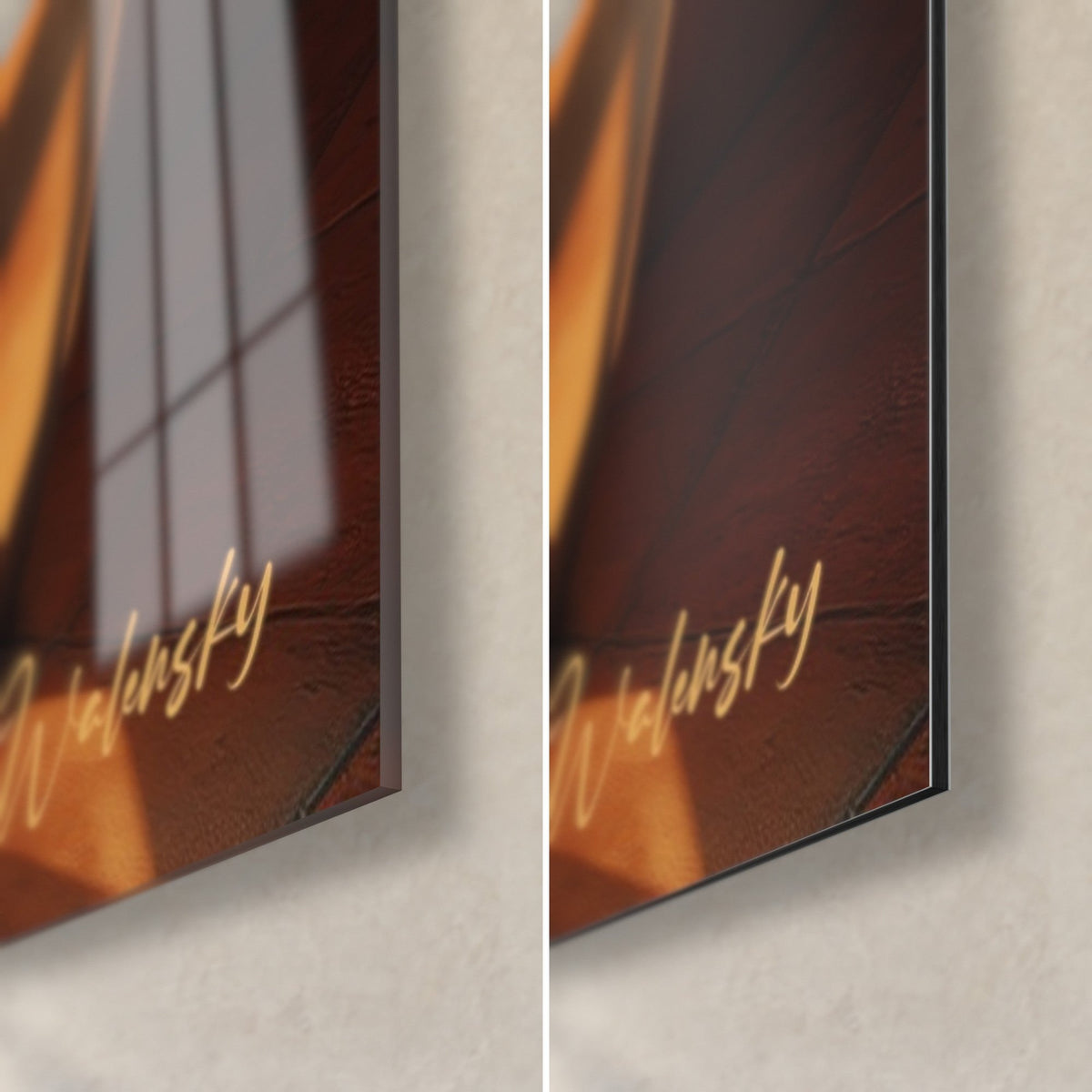 Wall art ficus in ochre pot, bottom right corner: glossy acrylic glass on the left, matte Dibond aluminium on the right, golden signature, 3 mm edge