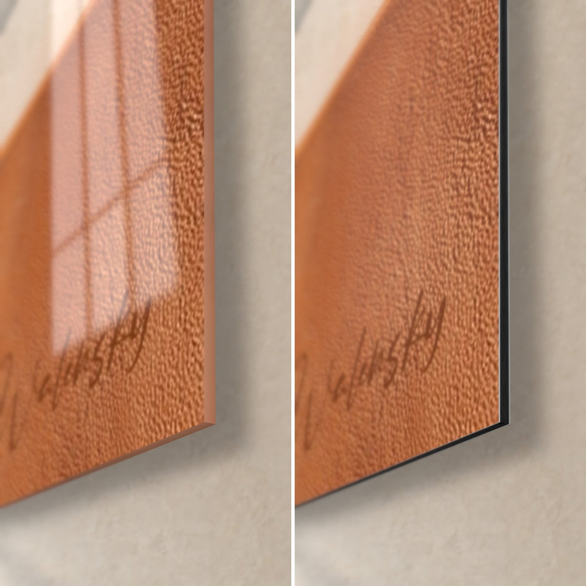 Tableau aplats brique et sable sculptés, coin bas droit : verre acrylique brillant et reflets, Dibond mat, tranche de 3 mm