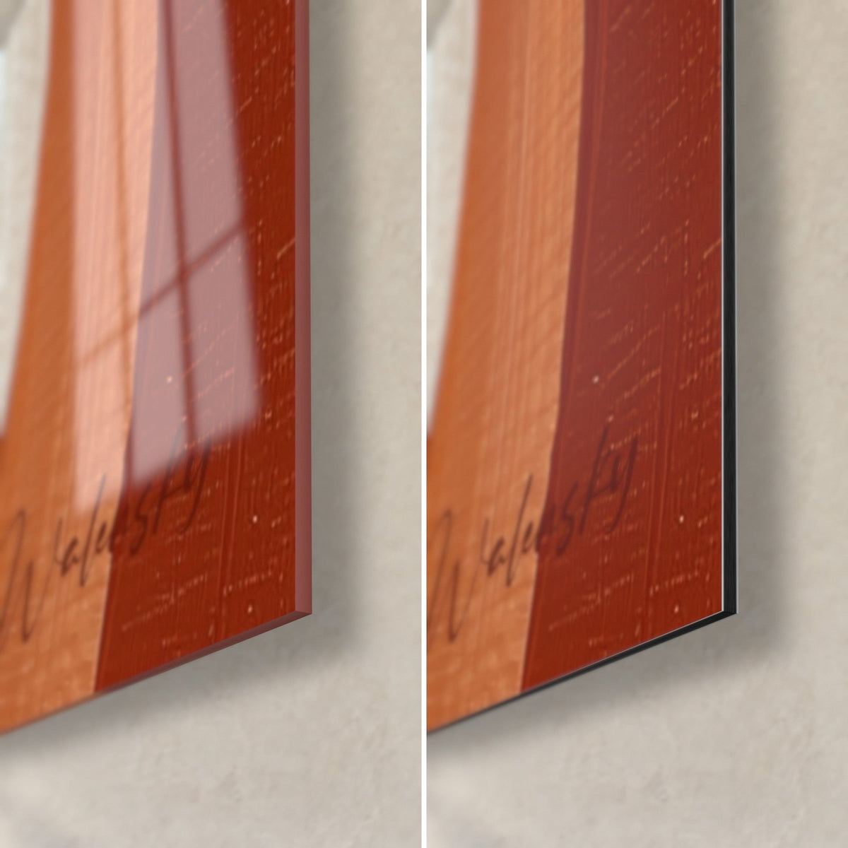 Wall art with orange and brick-red paint arcs, bottom right corner: glossy acrylic with reflections, matte black Dibond, 3 mm edge