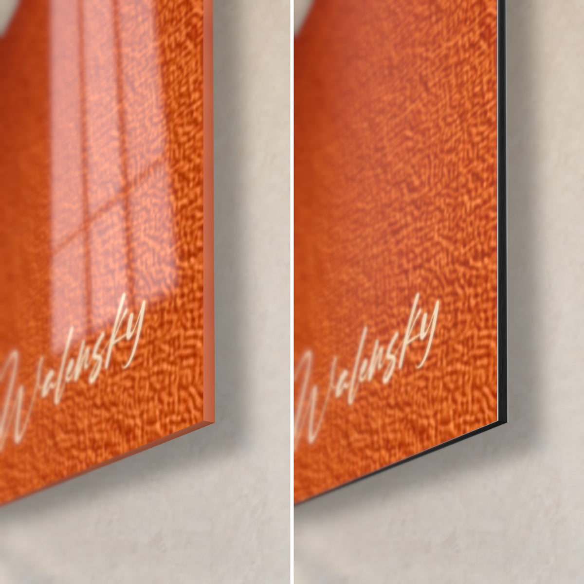 Schilderij ineengestrengeld oranje lint, rechtsonder, glanzend acrylglas met reflecties en mat crème Dibond, 3 mm rand zichtbaar