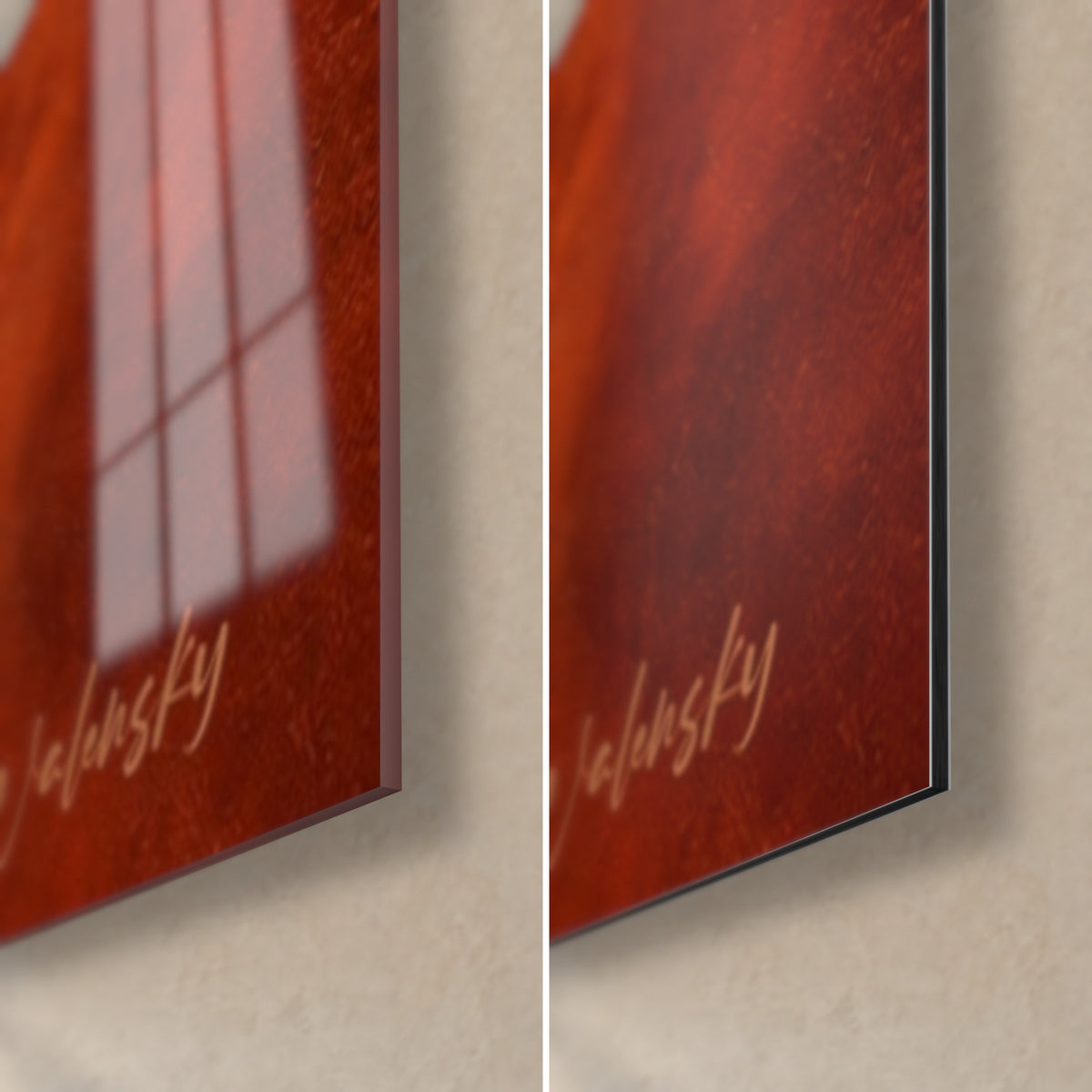 Tableau arcs rouille et crème, coin bas droit : verre acrylique brillant à gauche, alu Dibond mat à droite, tranche de 3 mm