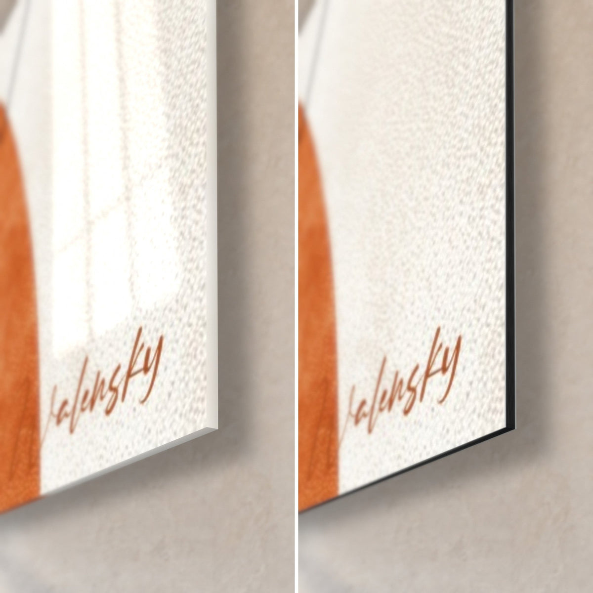 Wall art rust and sand flat blocks, bottom right corner: glossy glass on the left, matte Dibond aluminium on the right, 3 mm black edge