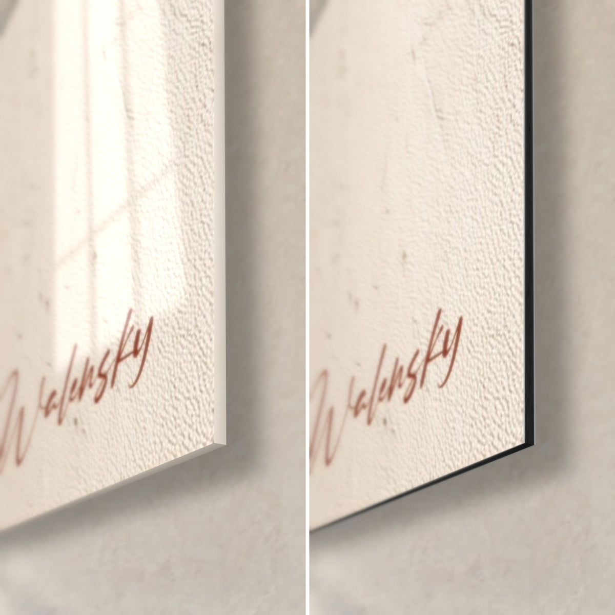 Wall art with a sculpted ring in cream and brick, bottom right corner: glossy acrylic glass on the left, matte black Dibond aluminium on the right