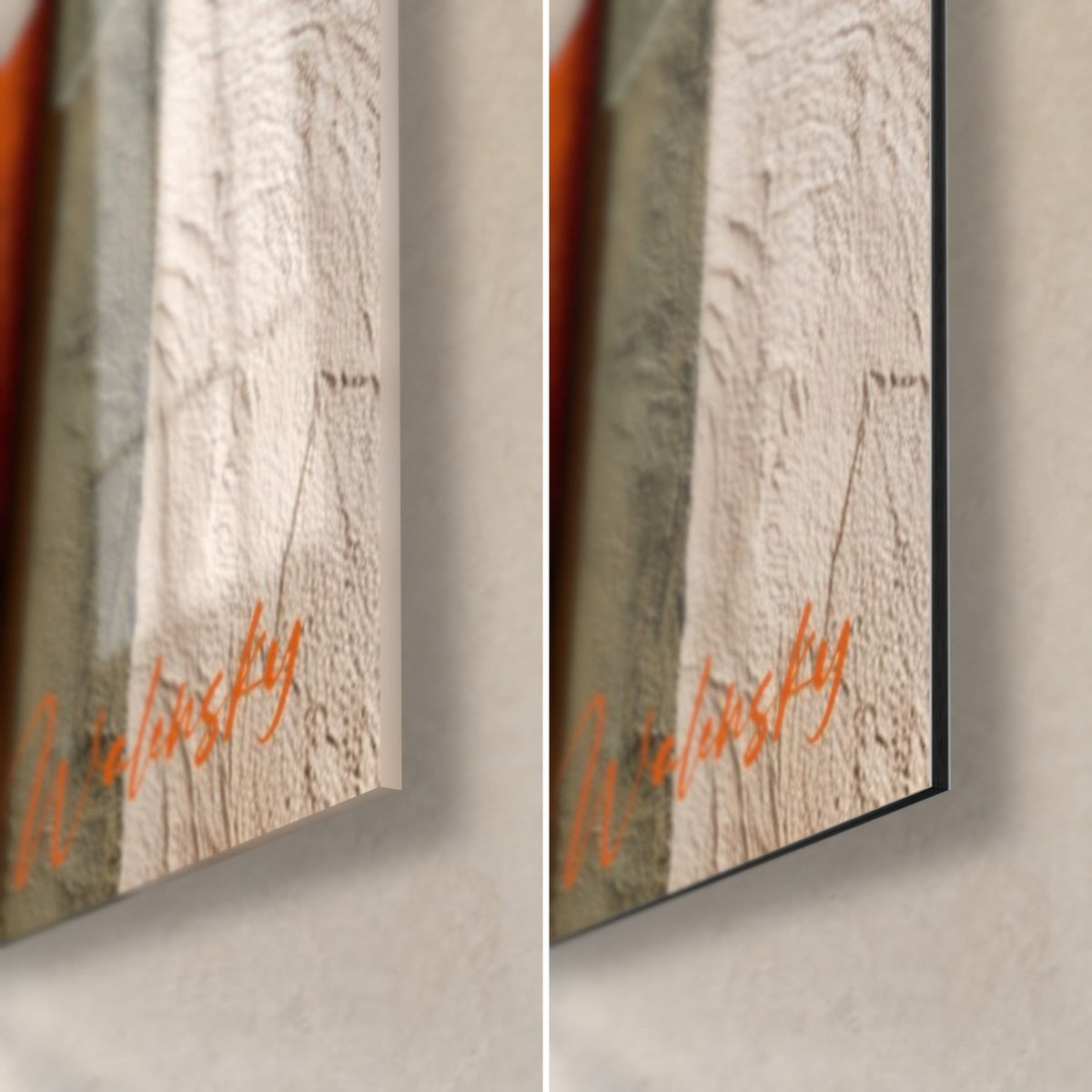 Wall art with terracotta and sage relief arches, bottom right corner: glossy acrylic glass on the left, matte Dibond aluminium on the right
