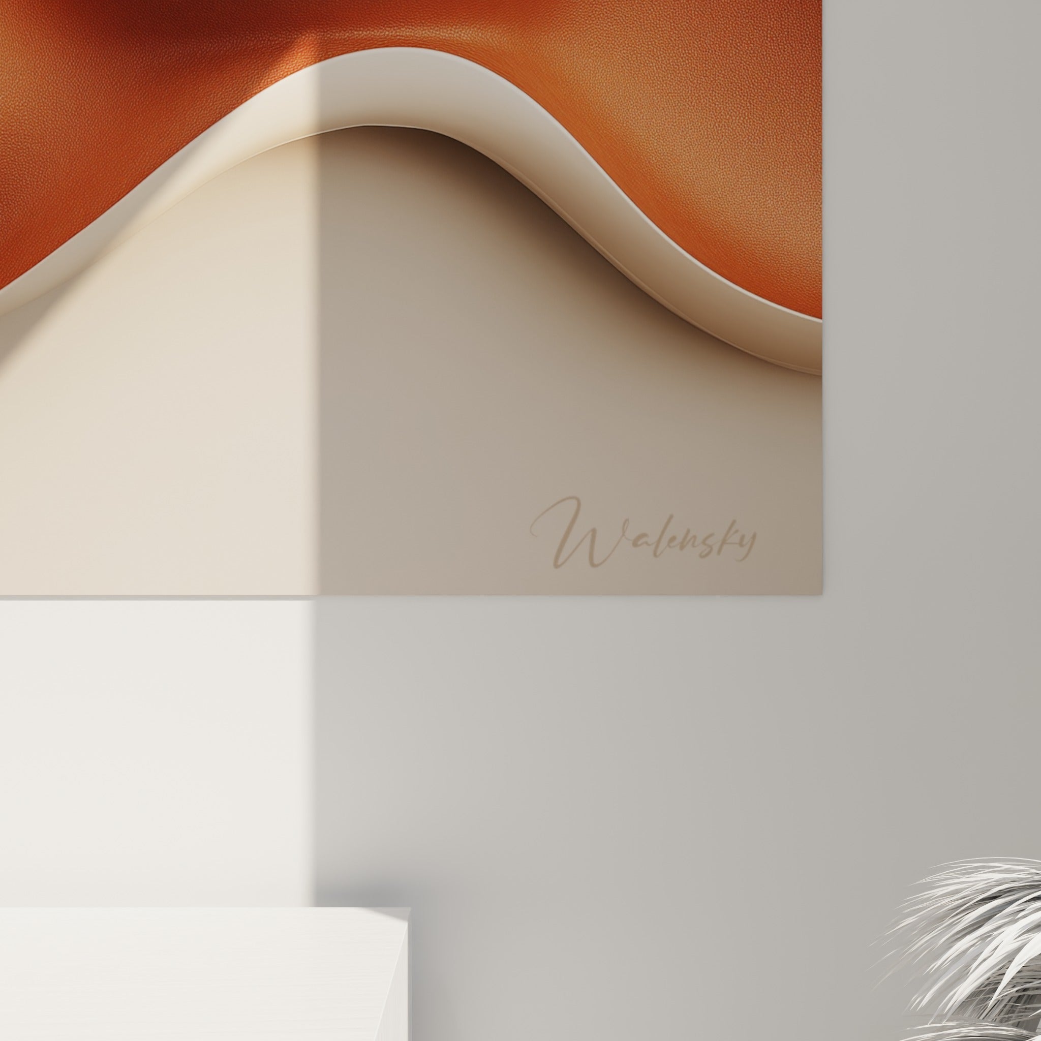 Détail des reliefs terracotta et blancs révélant la texture satinée et les jeux d'ombre du tableau