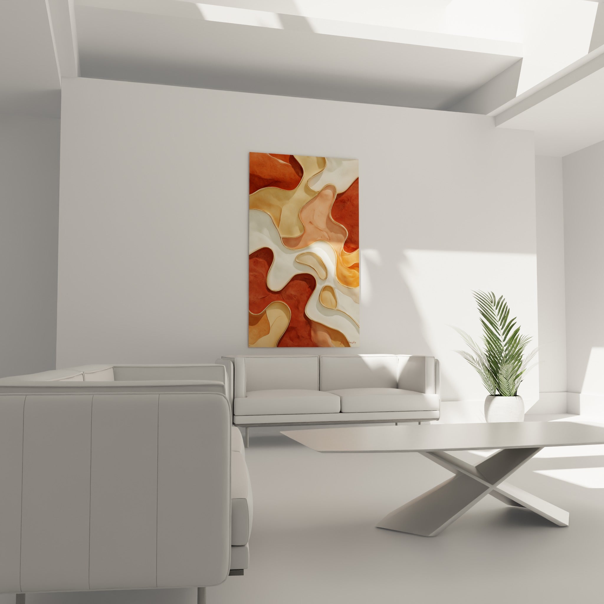 Œuvre Terracotta brique et blanche aux contours dorés, au-dessus d'un canapé dans un salon lumineux