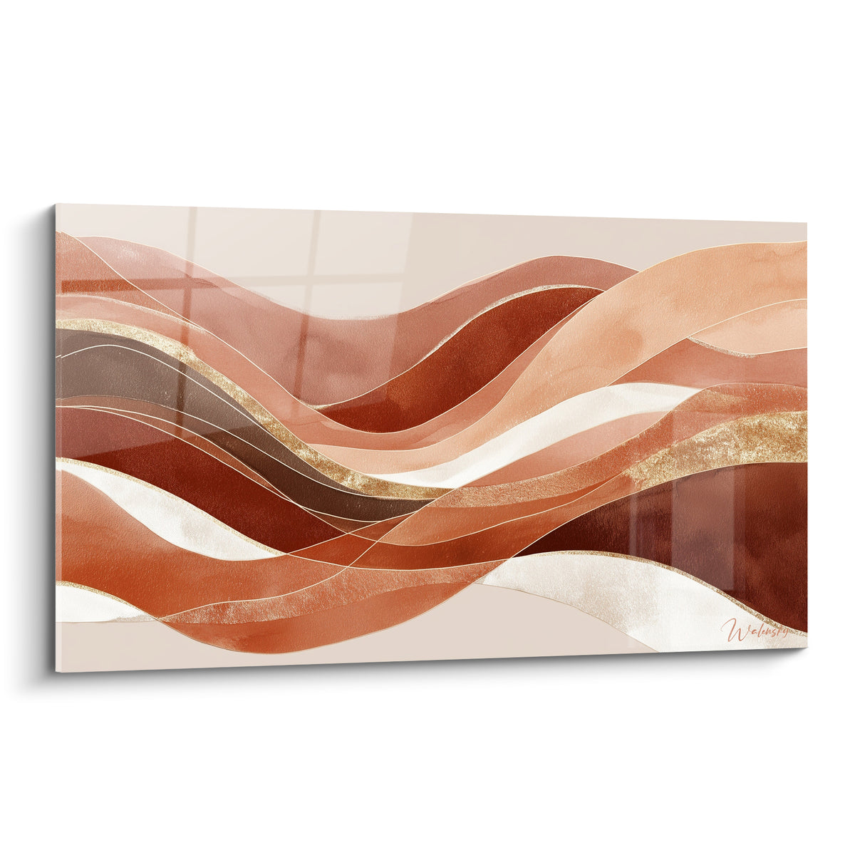 Vagues terracotta et dorées ondulant en courbes fluides sur fond beige clair, style aquarelle