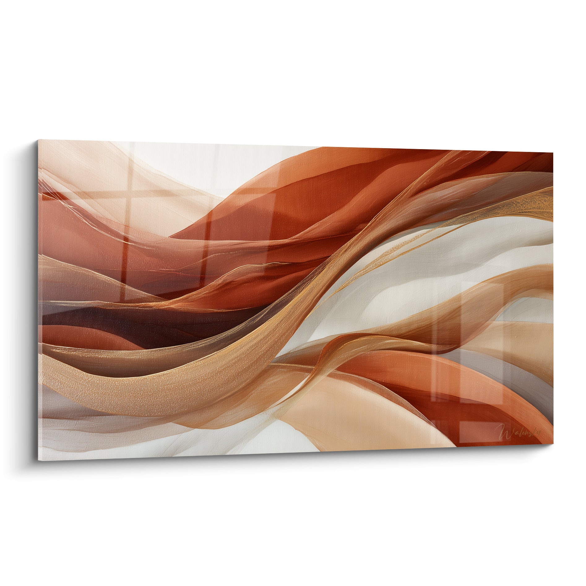 Vagues terracotta et dorées ondulant en diagonale sur fond beige clair, composition abstraite fluide