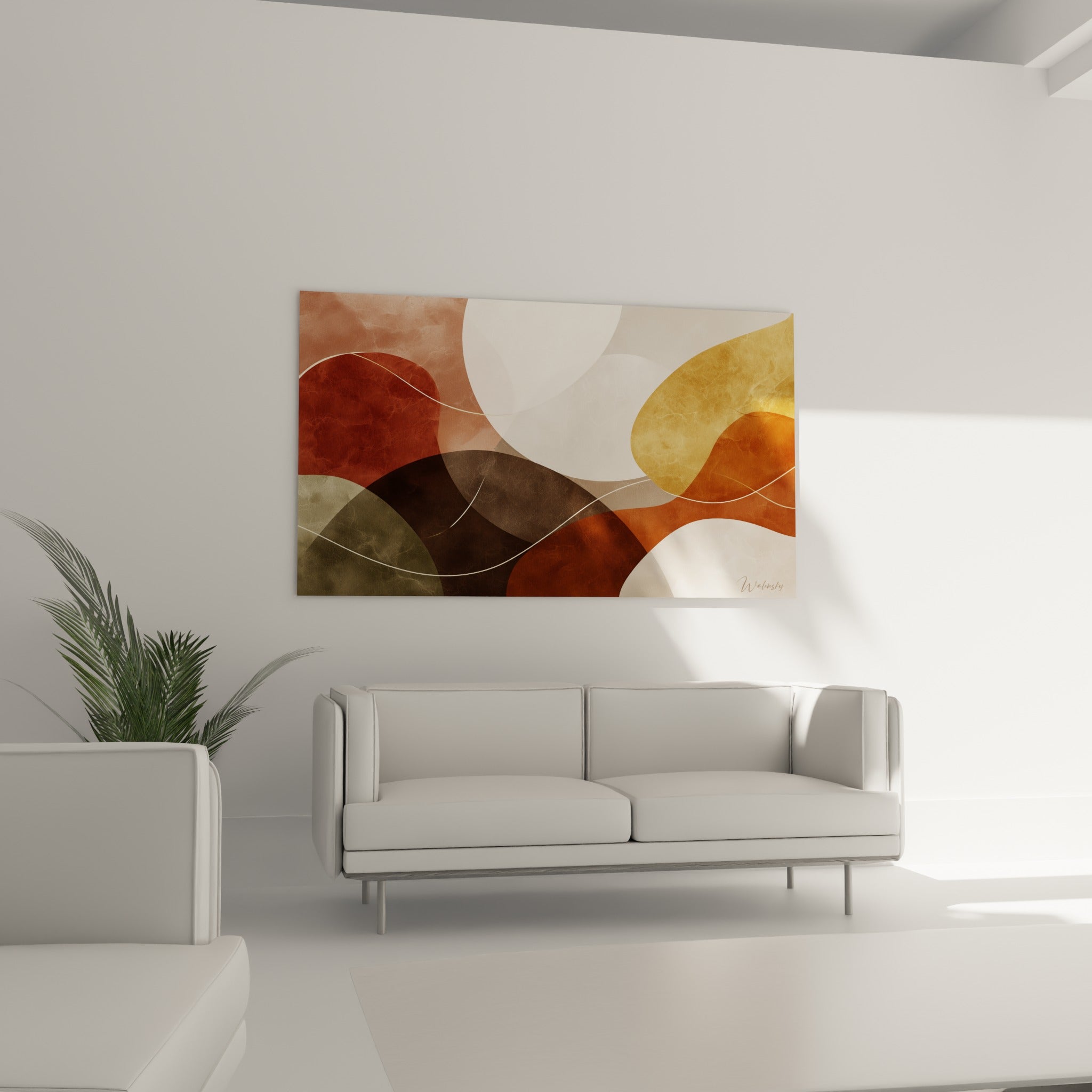 Vagues dorées et brique se superposant en dégradés doux, au-dessus d'un canapé dans un salon lumineux