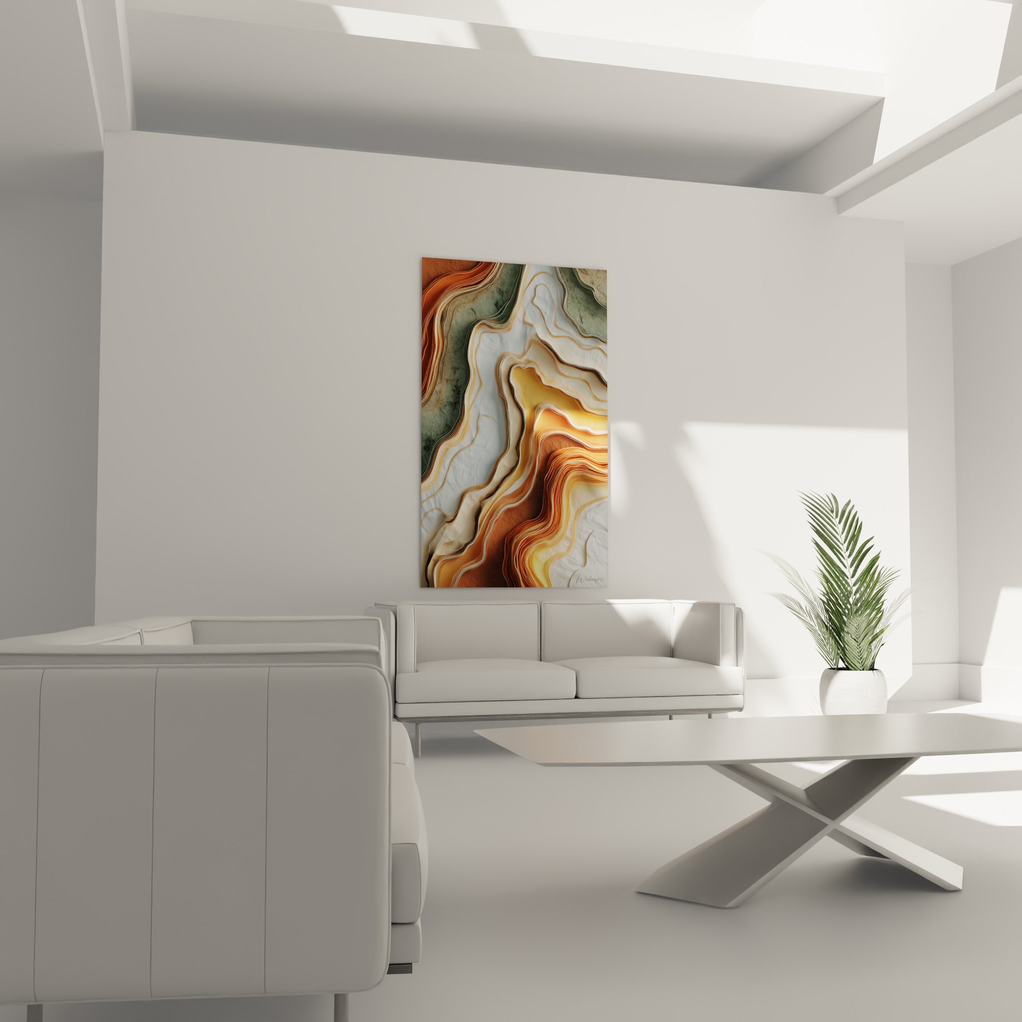 Motifs ocre et vert sauge en strates sinueuses ornent le mur, au-dessus d'un canapé dans un salon lumineux.