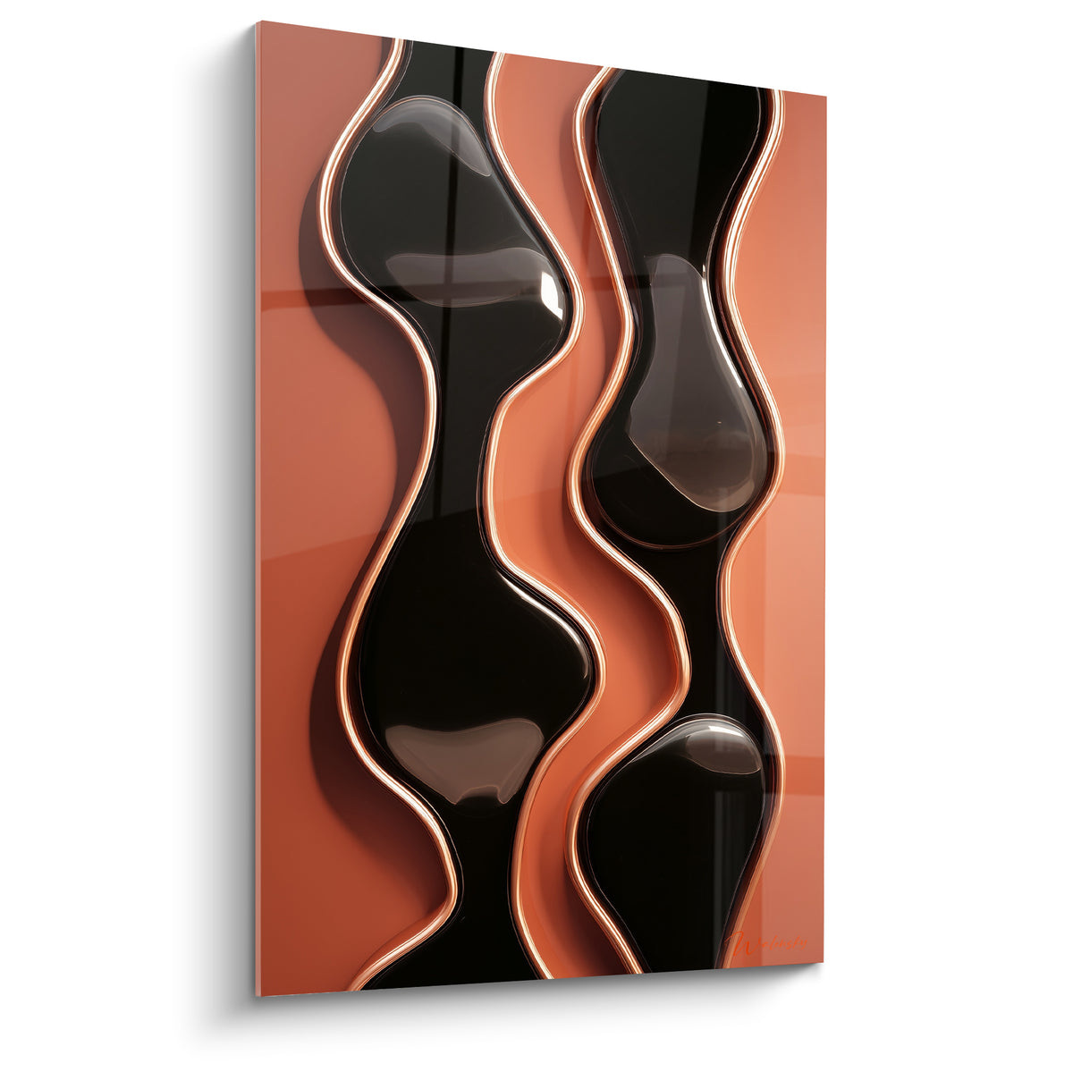 Vagues noires et terracotta se déploient en formes fluides sur ce tableau abstrait laqué contemporain