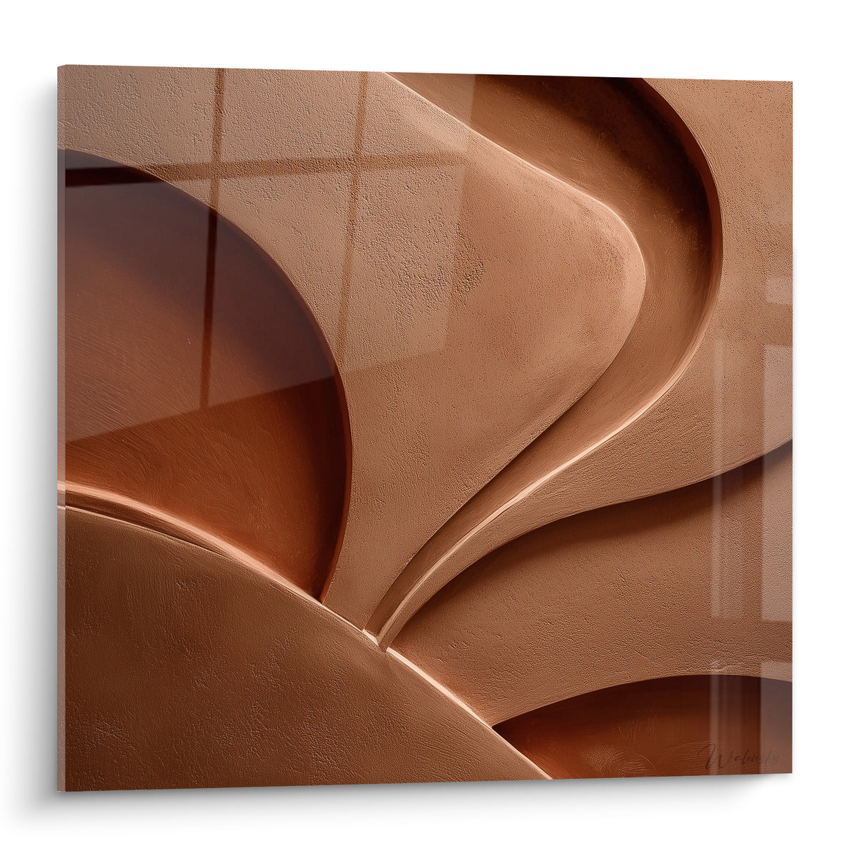 Relief sculpté aux courbes terracotta et brun cuivré, texture granuleuse capturée en gros plan