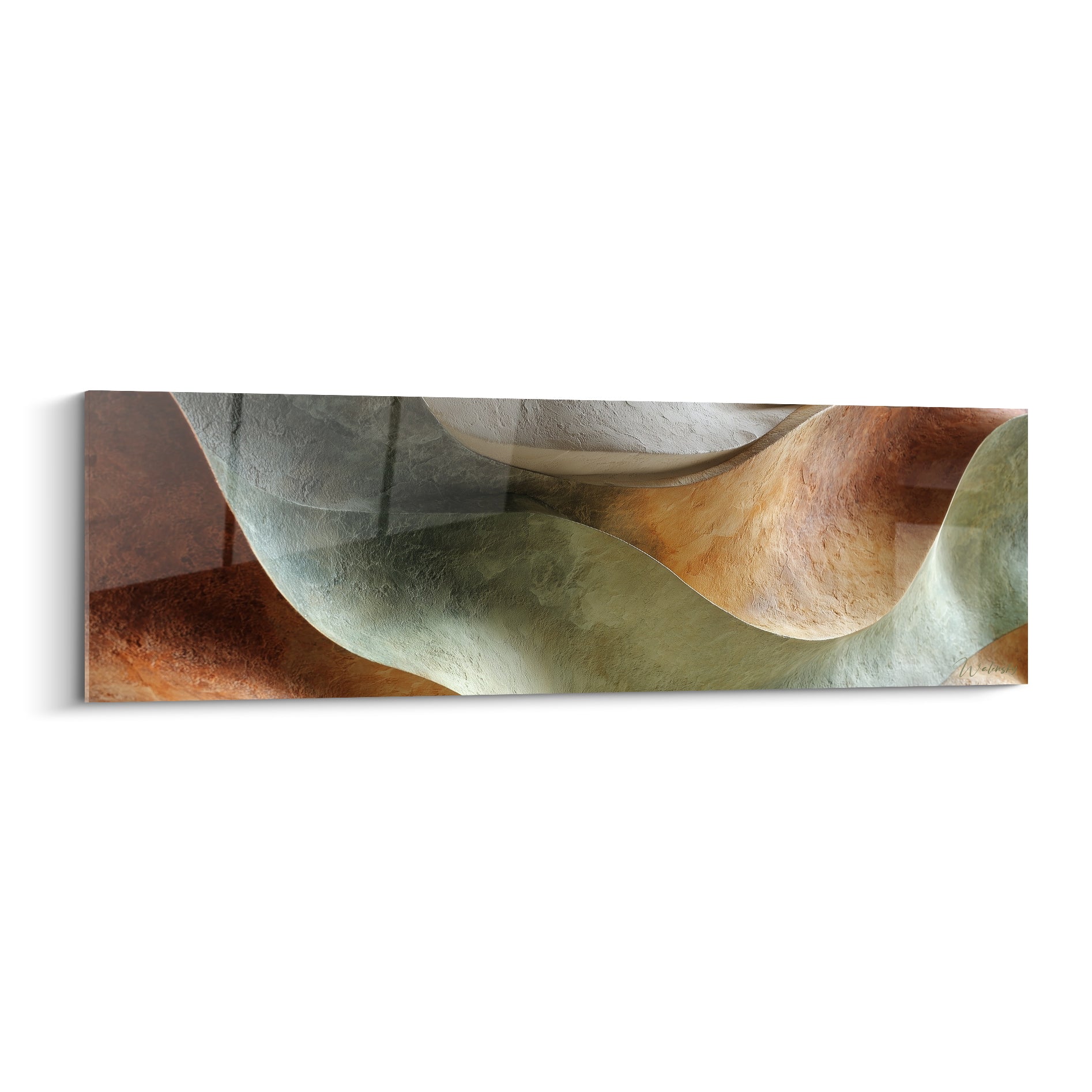 Vagues sculptées en terracotta et vert sauge, texture minérale évoquant une dune de sable ondulée