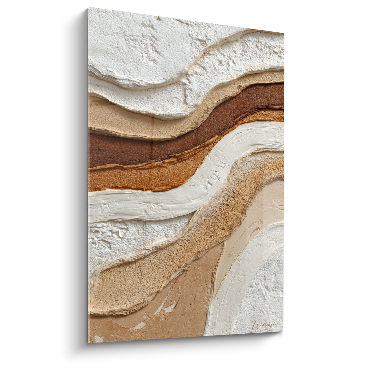 Strates ondulantes blanches et terracotta au relief texturé, tableau abstrait minéral