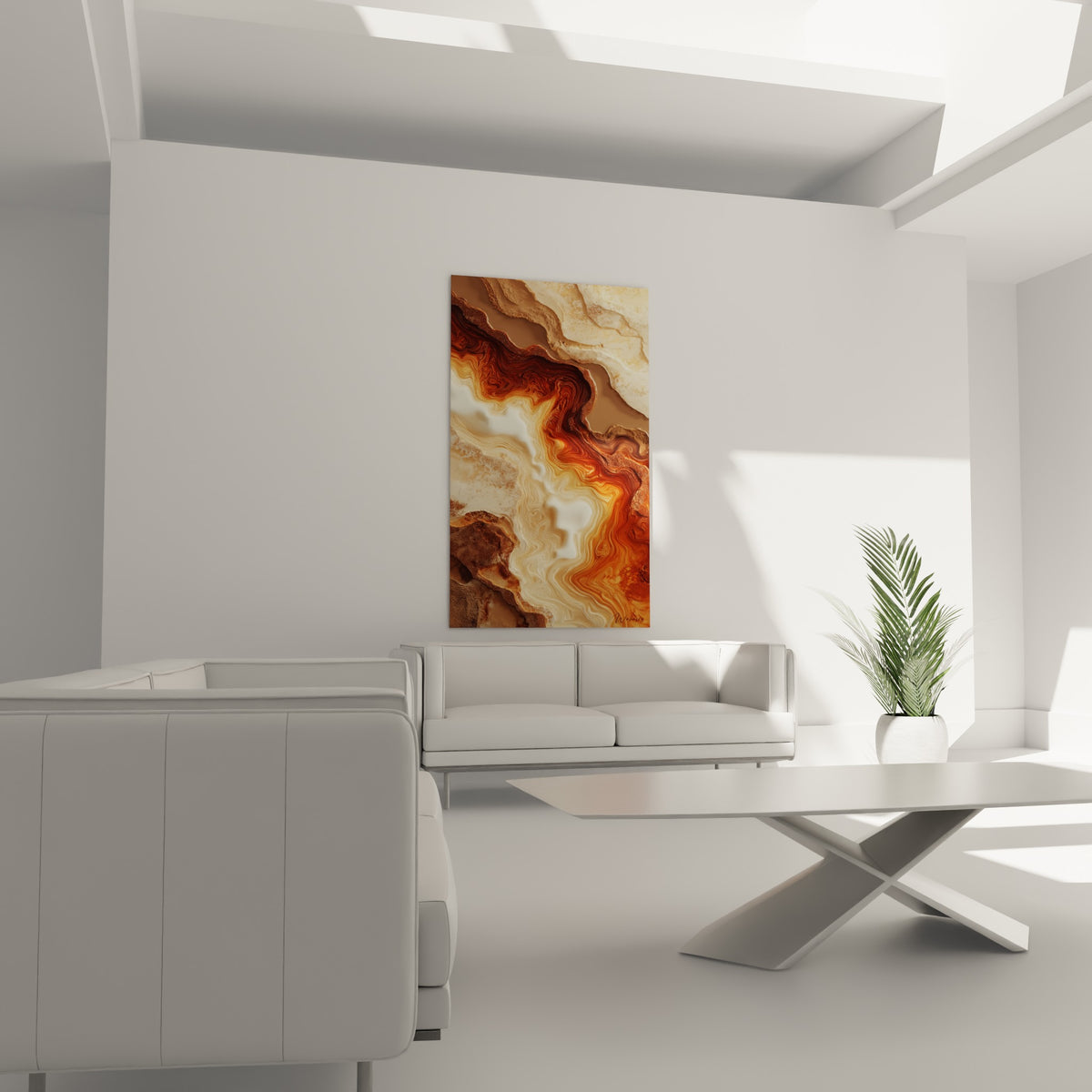 Veines crème et ambrées du tableau Terracotta au-dessus d'un canapé dans un salon lumineux