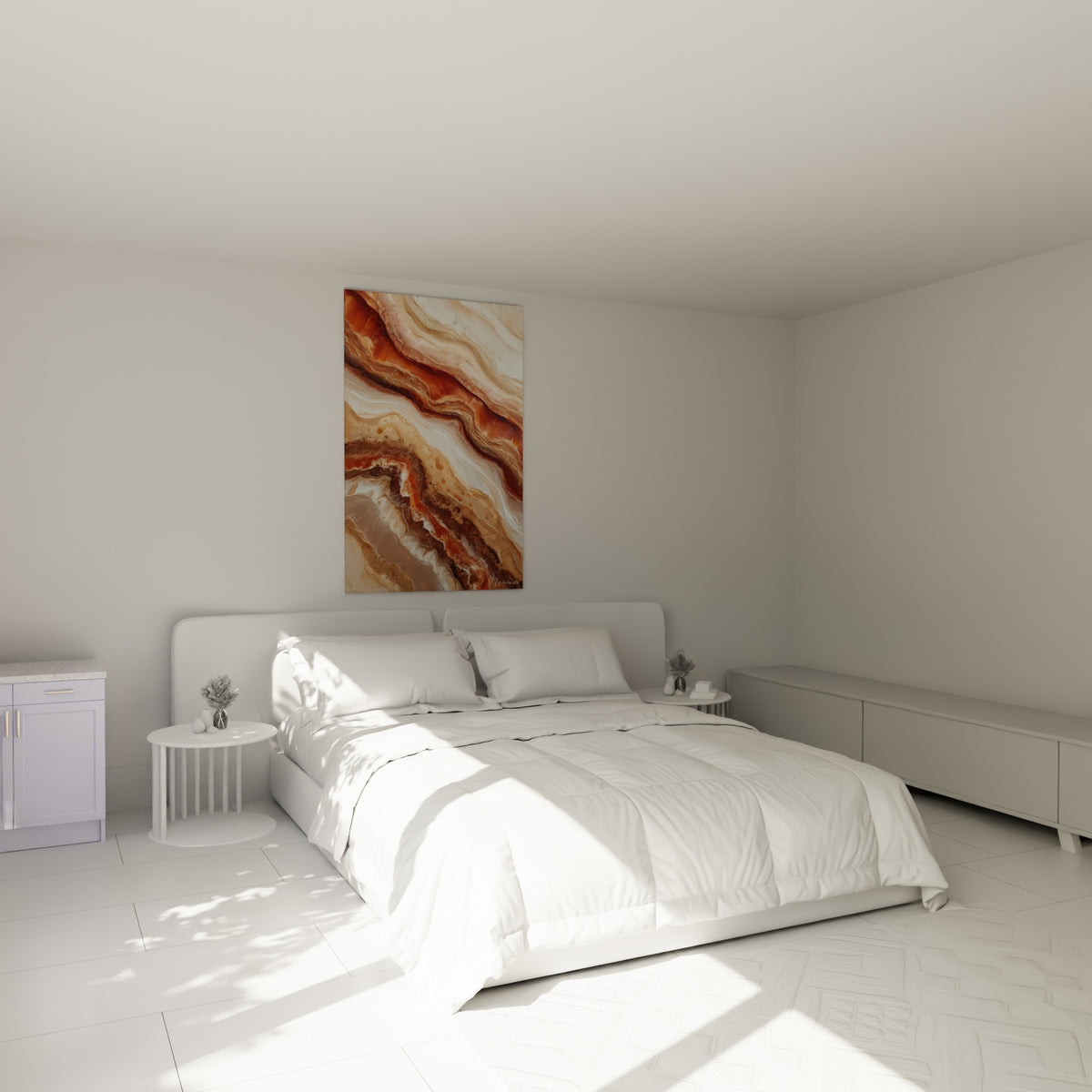 Composition minérale ocre et cuivrée aux veines blanches, tableau Terracotta au-dessus d'un lit dans une chambre claire