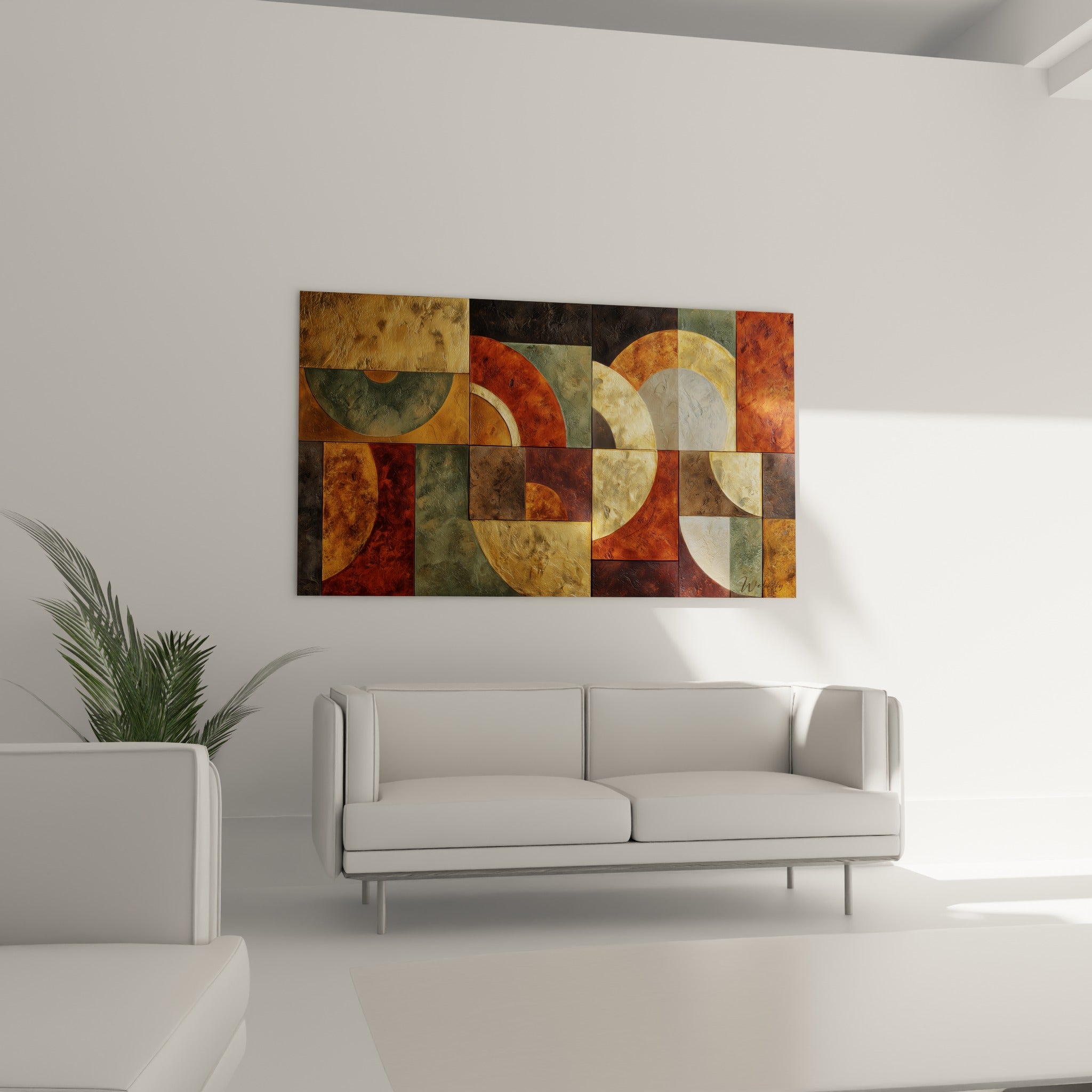 Blocs colorés ocre, vert sauge et doré du tableau Terracotta au-dessus d'un canapé dans un salon lumineux
