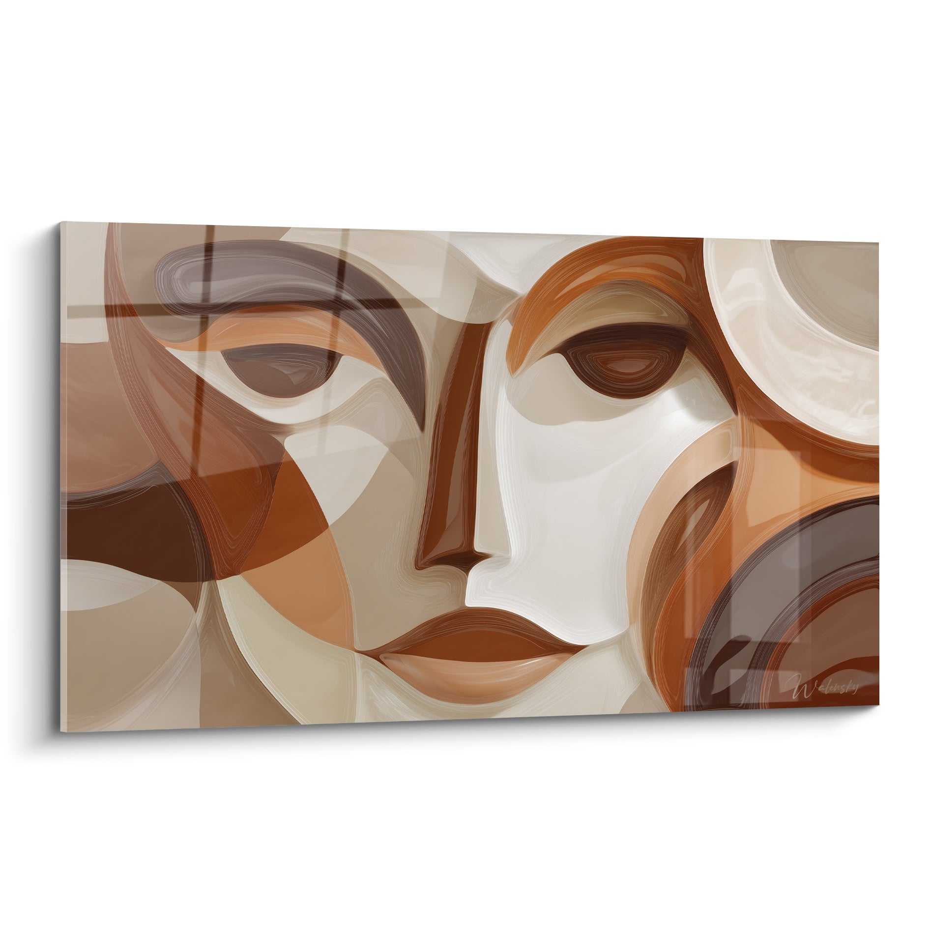 Visage abstrait terracotta et ivoire aux courbes géométriques fragmentées, style cubiste contemporain sur toile