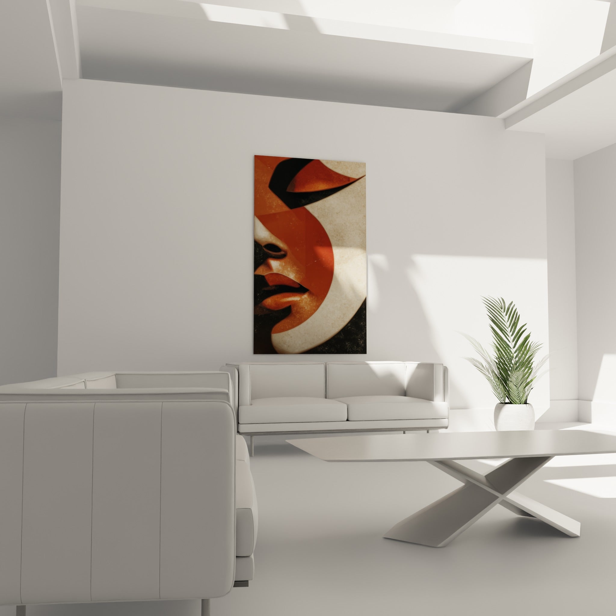 Visage géométrique aux teintes terracotta et anthracite, courbe crème dominante, au-dessus d'un canapé dans un salon lumineux