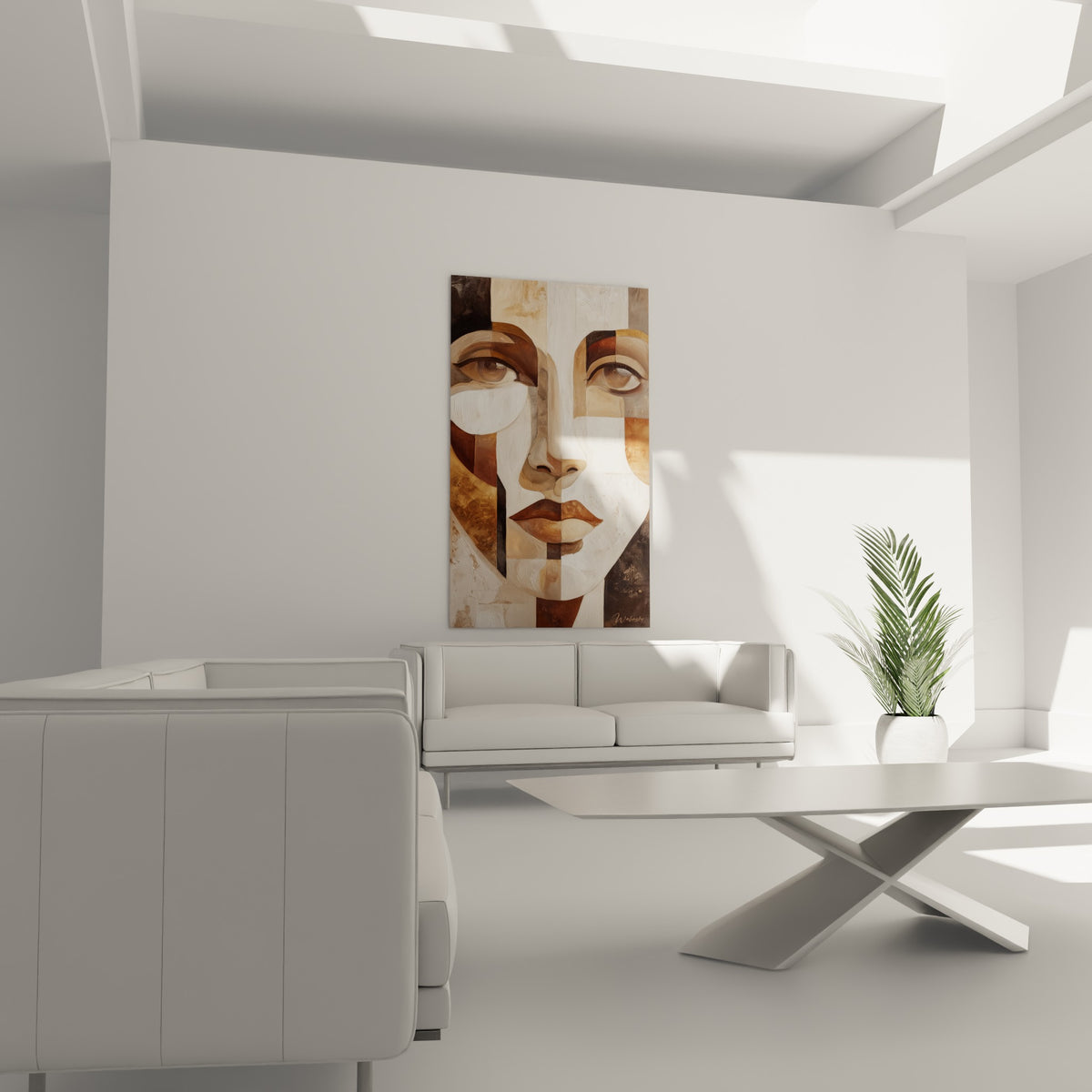 Visage cubiste ocre et crème aux yeux fragmentés, suspendu au-dessus d'un canapé dans un salon lumineux