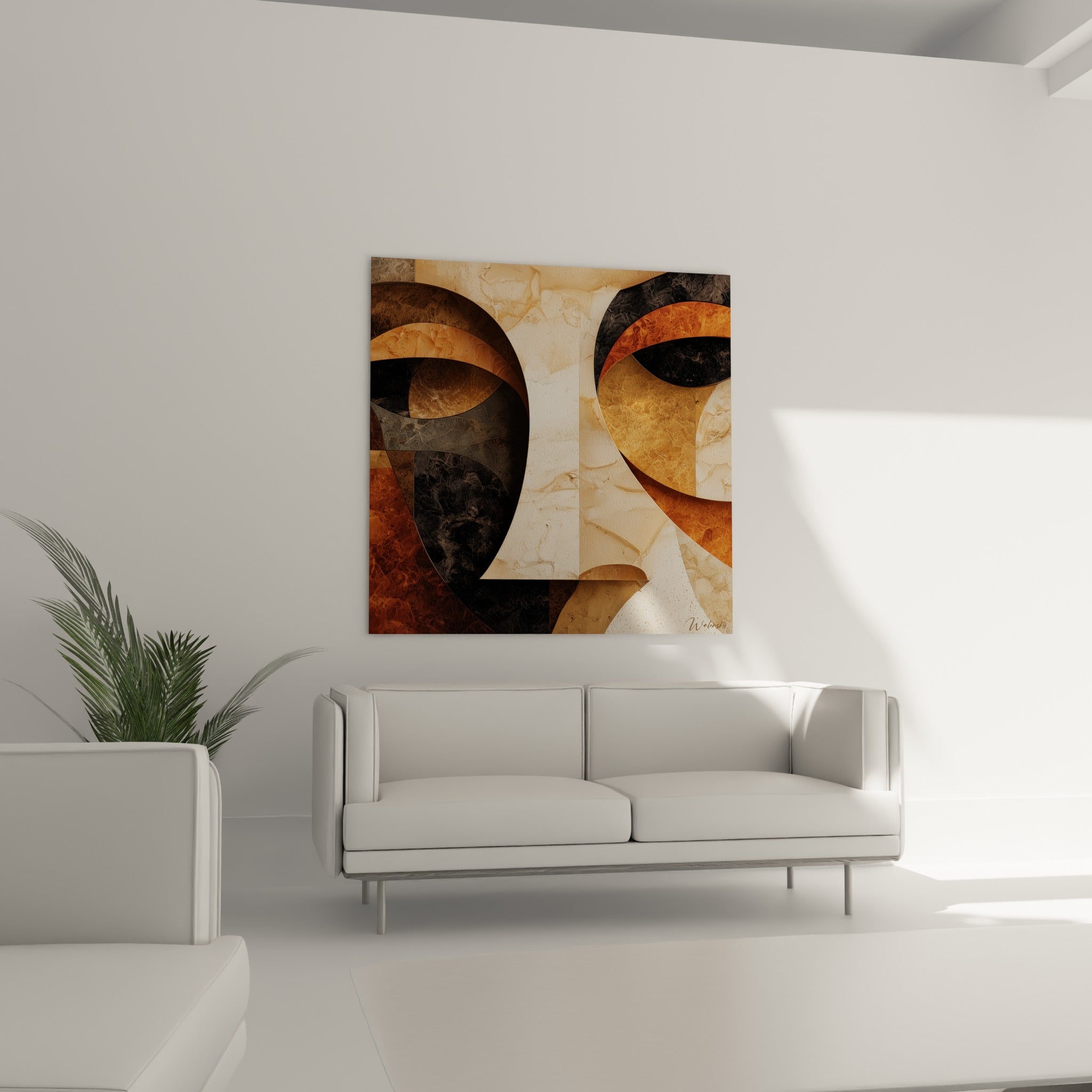 Traits fragmentés anthracite et cuivré composant un visage abstrait au-dessus d'un canapé dans un salon lumineux
