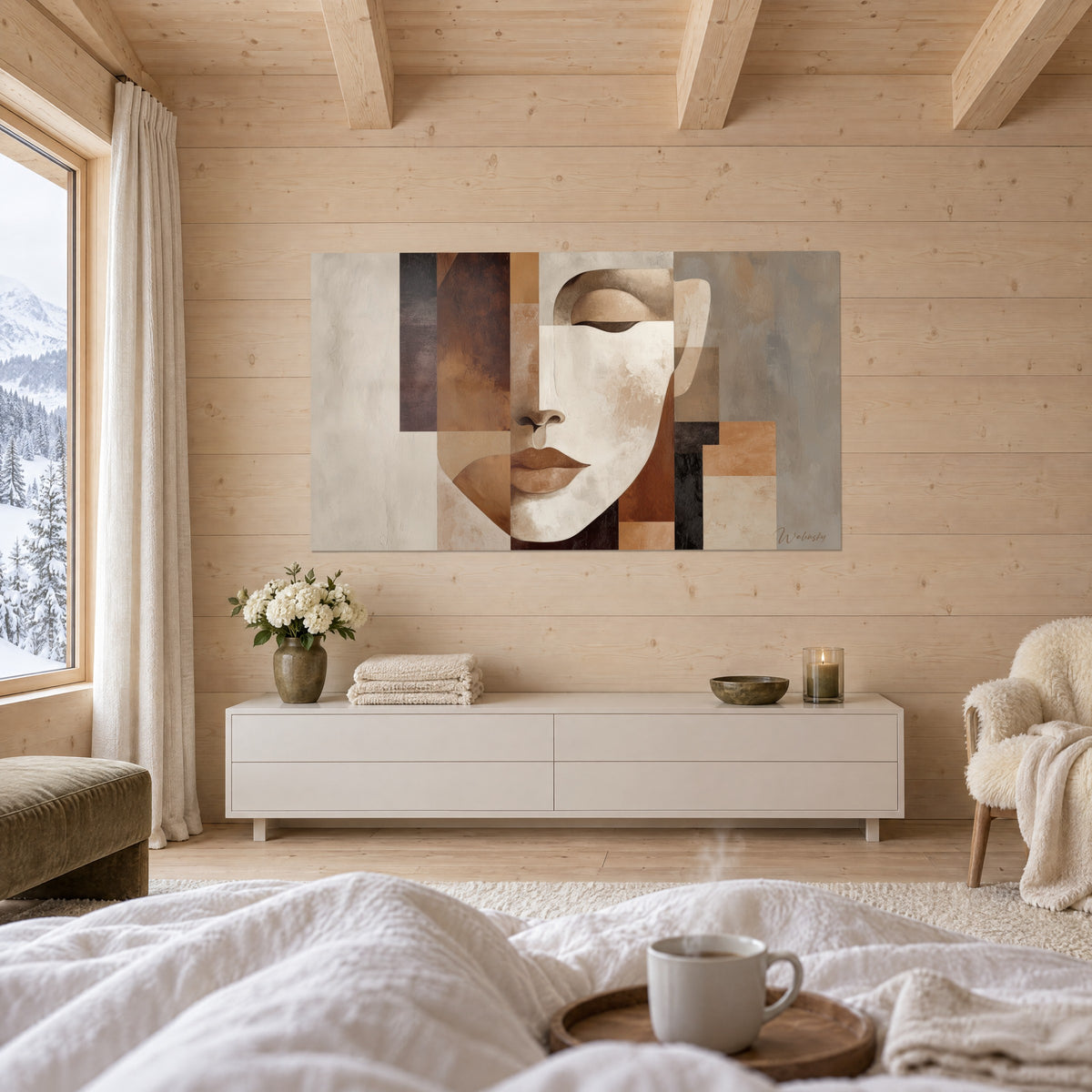 Tableau face stylisée aux aplats cuivrés et ivoire, nez en ombre brune, accroché en face d'un lit dans un chalet, au-dessus d'un lit dans une chambre claire