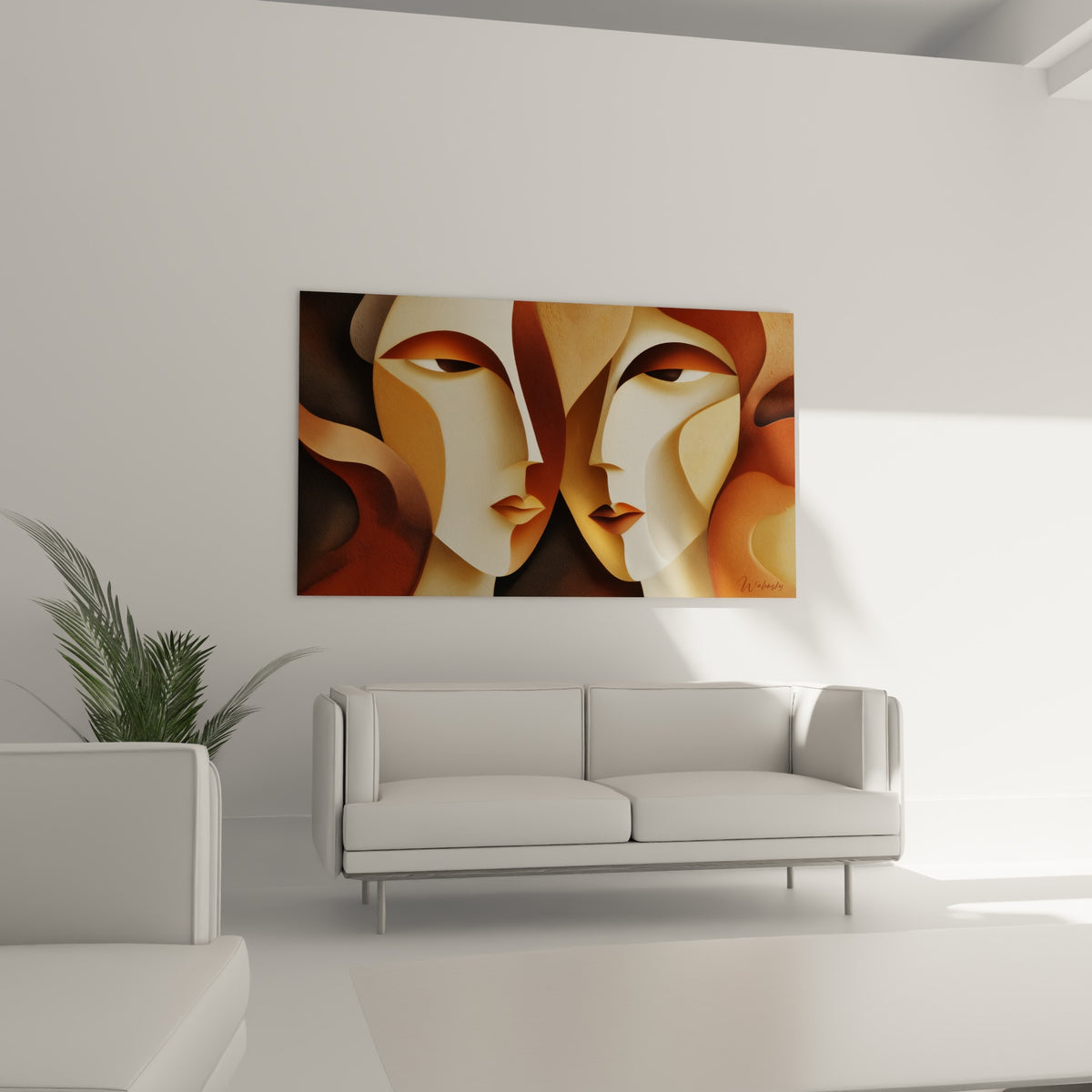 Visages stylisés ocre et brique aux lèvres ambrées, disposés au-dessus d'un canapé dans un salon lumineux