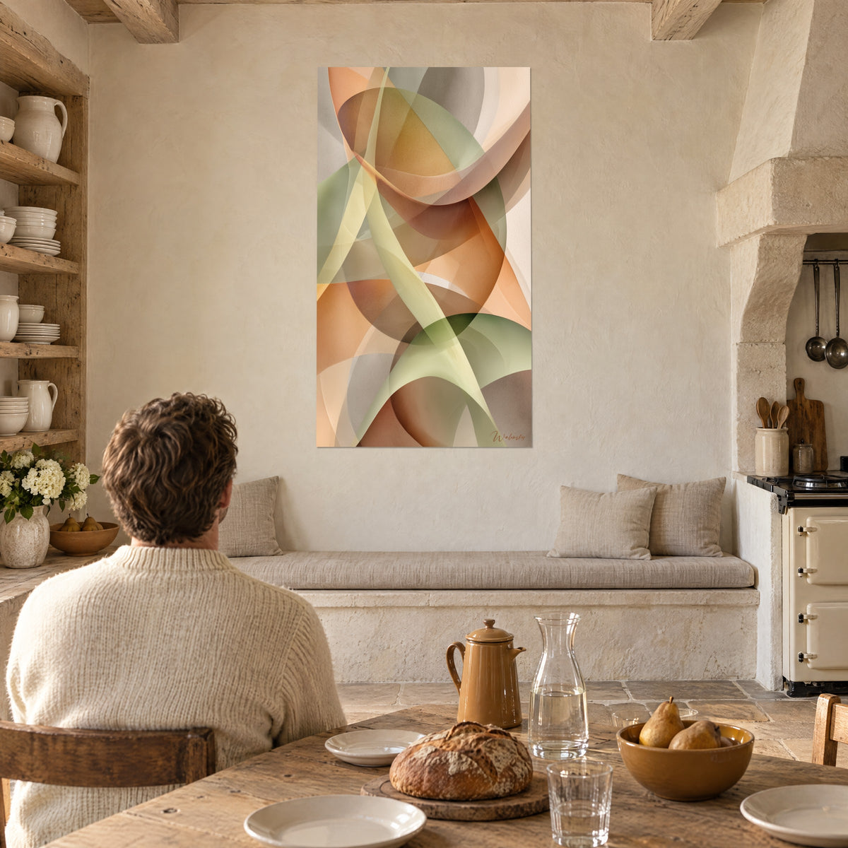 Tableau compositions de voiles entrecroisés beige et vert tendre, en face d'une table de repas, homme de dos, cuisine de campagne en pierre
