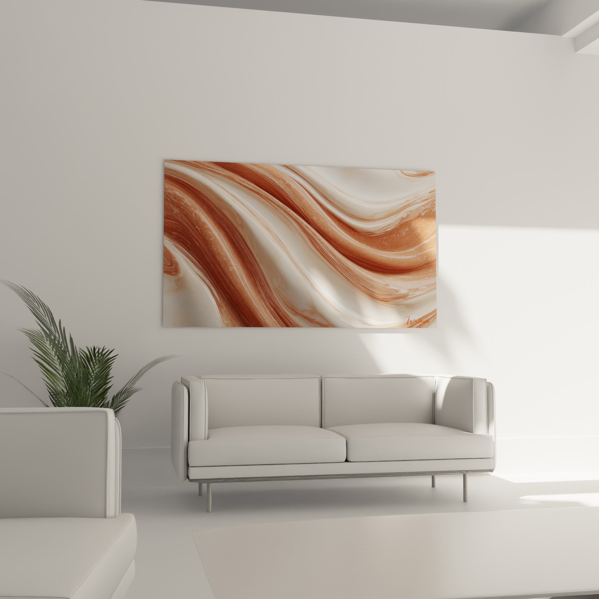 Volutes terracotta et blanc nacré accrochées au-dessus d'un canapé dans un salon lumineux