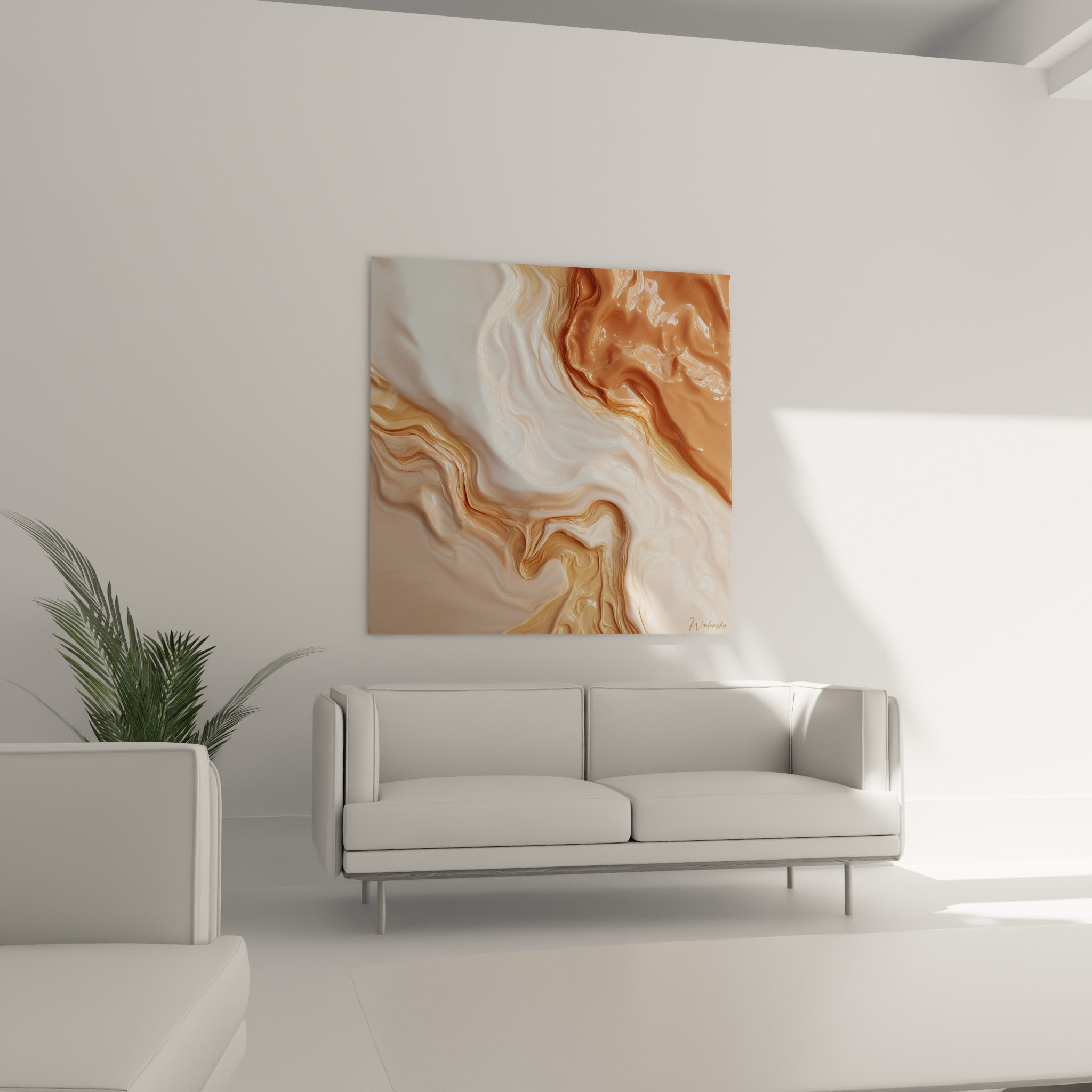Motifs ondulants ocre et blancs évoquant une matière liquide, œuvre au-dessus d'un canapé dans un salon lumineux