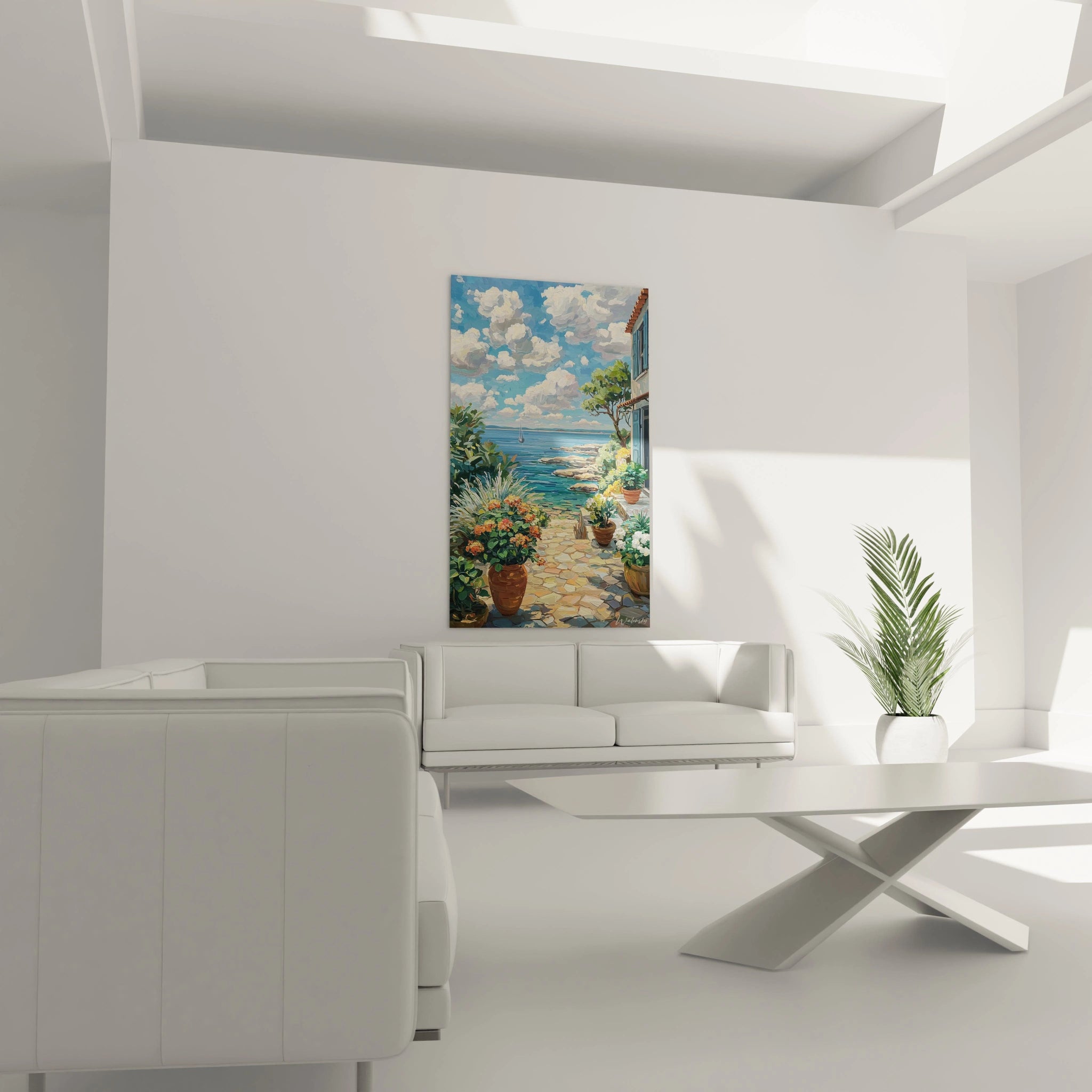 Walensky tableau mural terrasse été grand tableau vertical paysage bord de mer avec pots de fleurs lumineux