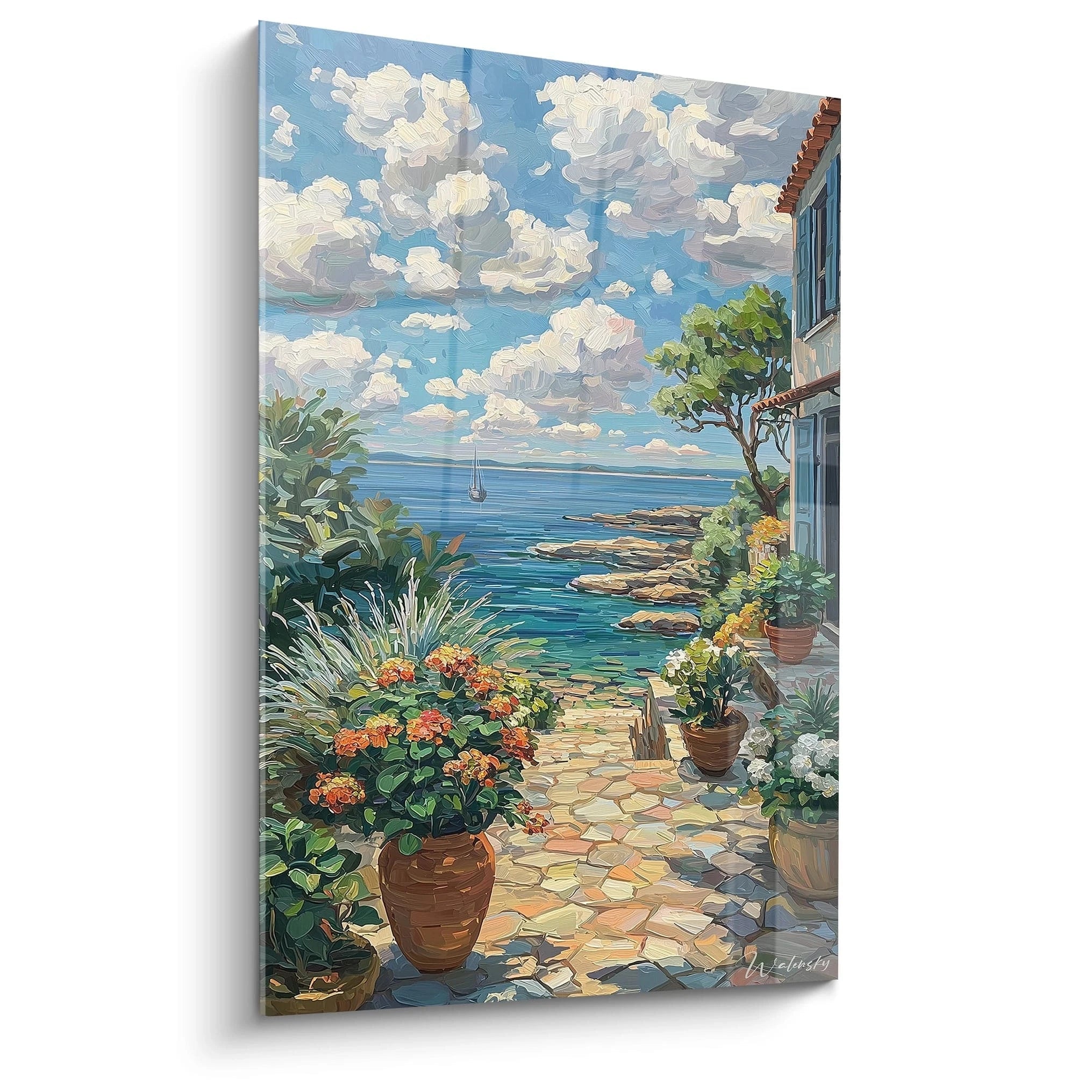 tableau mural terrasse été Walensky vue sur mer depuis terrasse pavée ensoleillée avec pots de fleurs et voilier