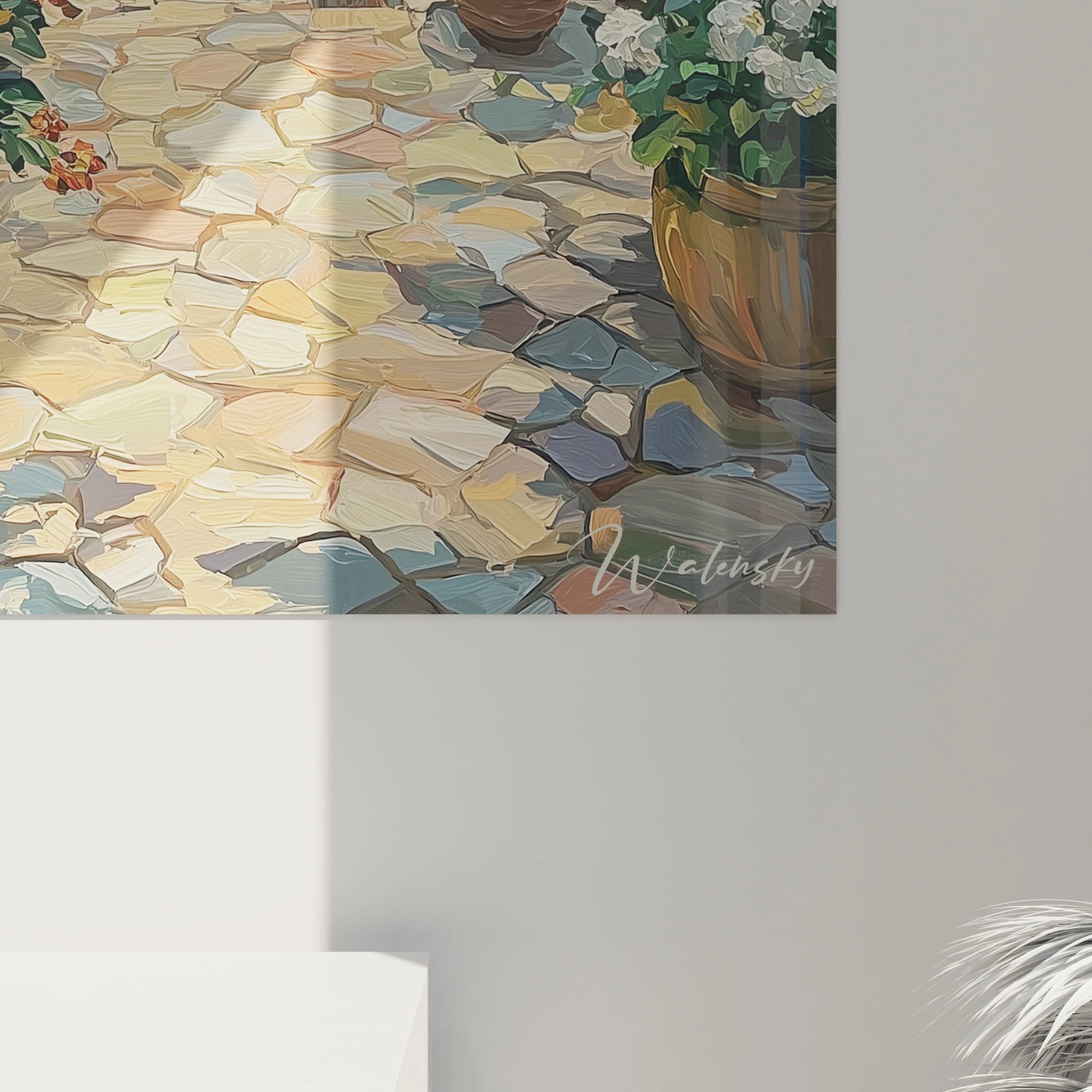 tableau mural terrasse été Walensky peint impressionniste sol en pierres ensoleillé pots de fleurs décor intérieur