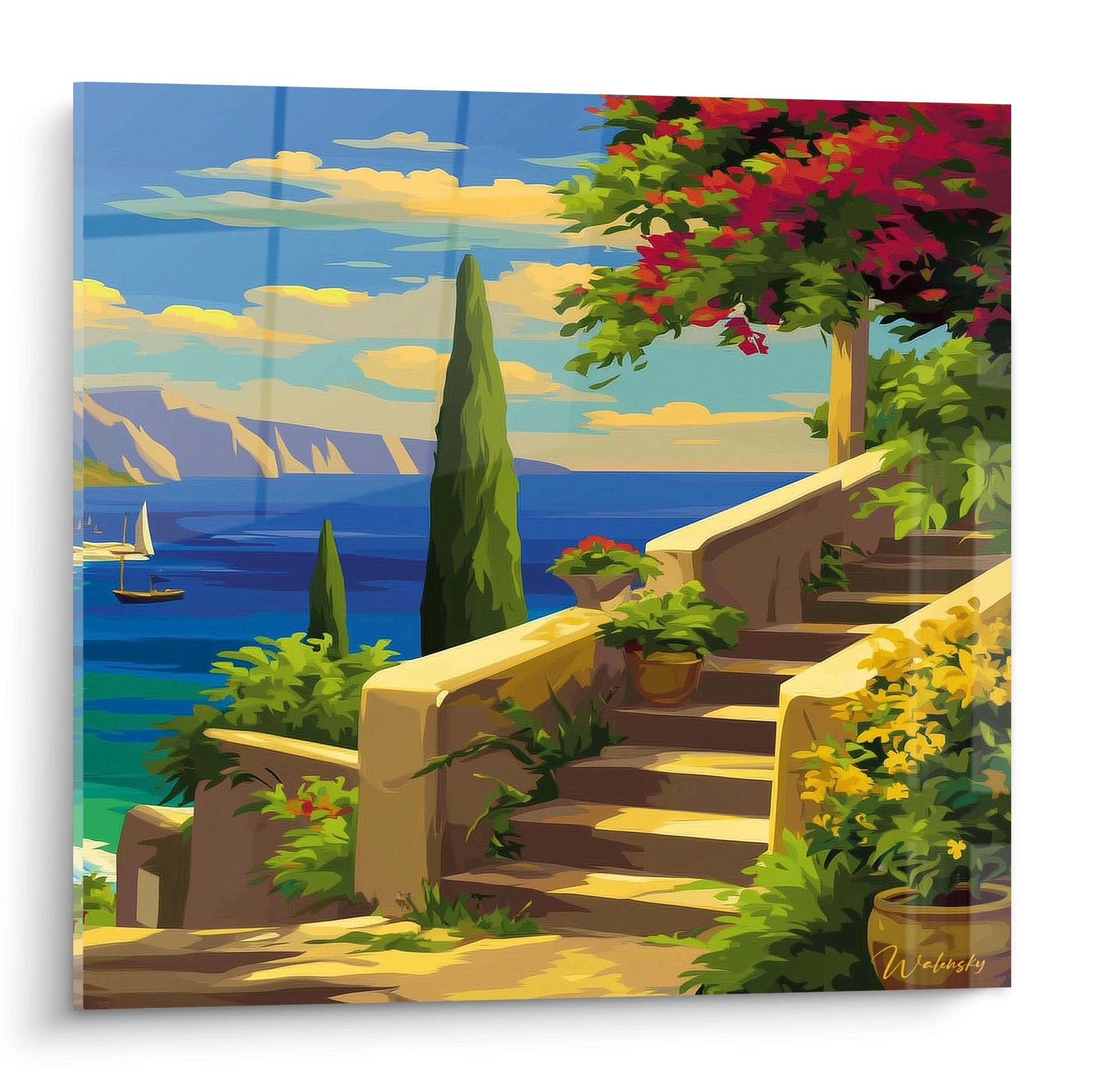Tableau mural terrasse méditerranéenne escalier fleuri vue panoramique mer bleue îles grecques décoration