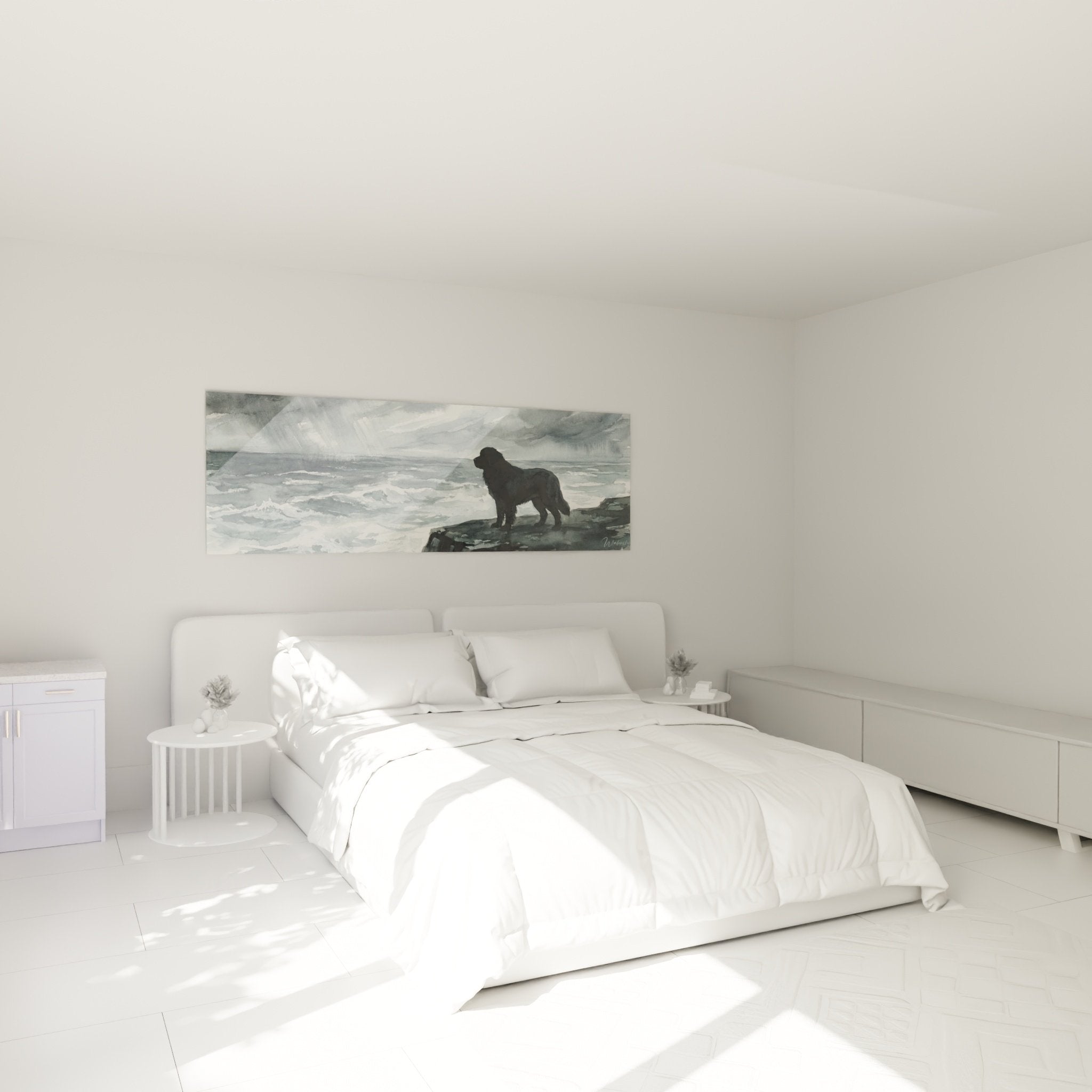 Tableau Terre Neuve océan dans chambre moderne, ambiance marine apaisante murs blancs