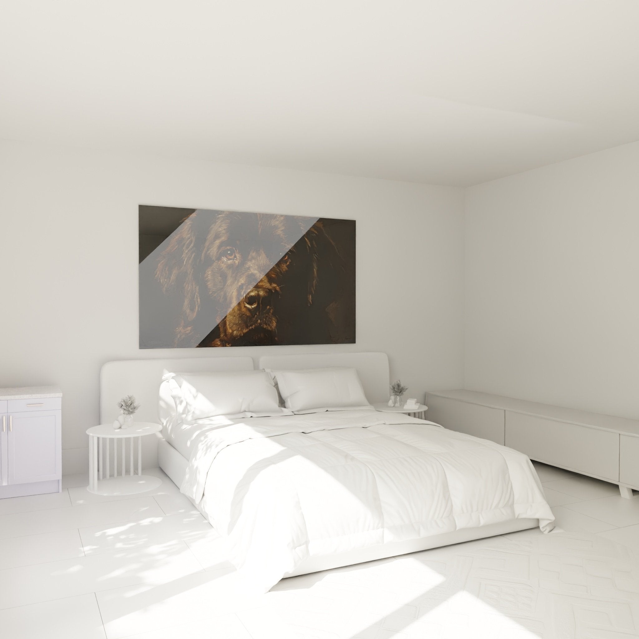 Newfoundland Dog Canvas in Modern Bedroom, Golden-Eyed Dog Portrait, Warm Brown Wall Art Decor