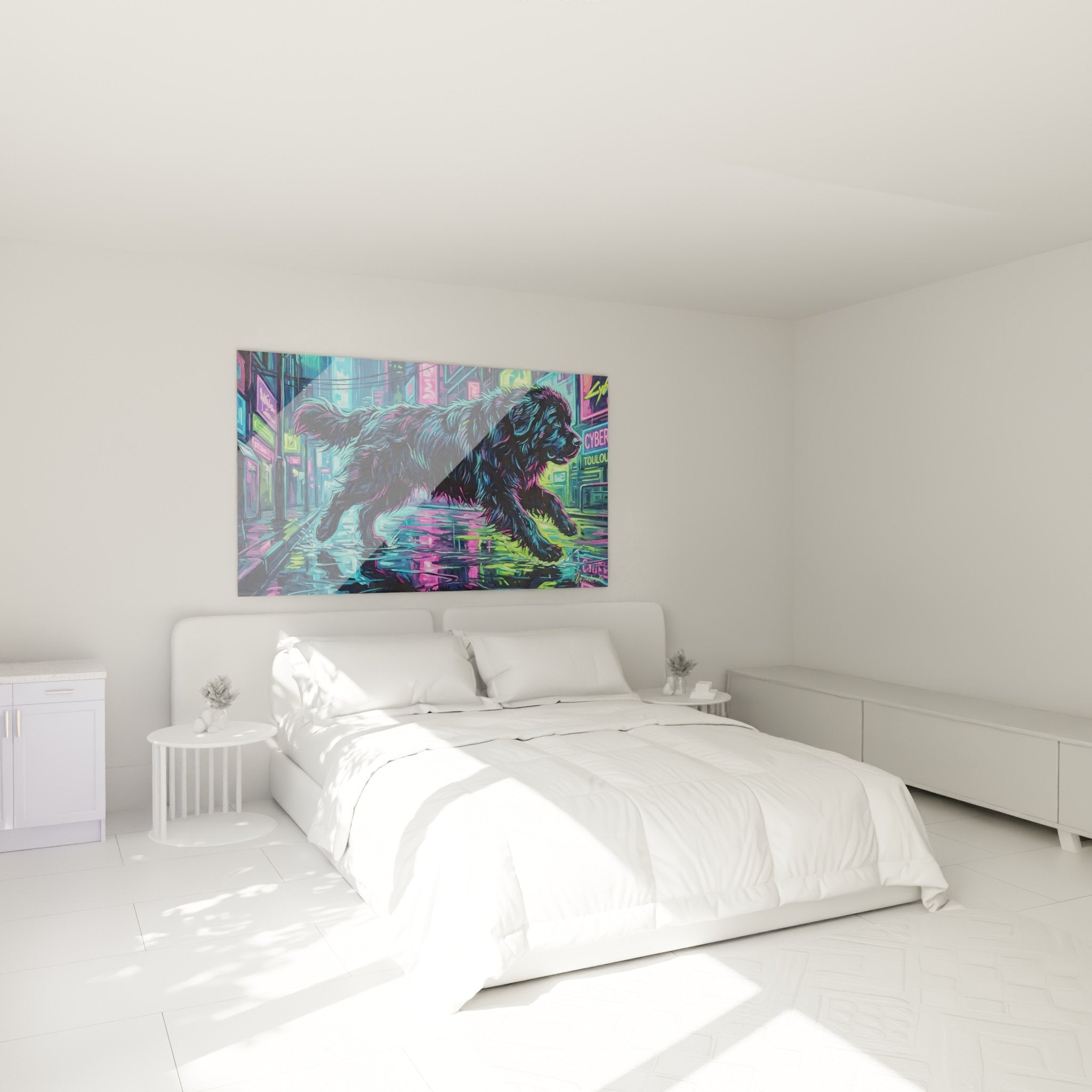 Tableau Terre Neuve futuriste accroche au mur chambre moderne avec eclairage neon