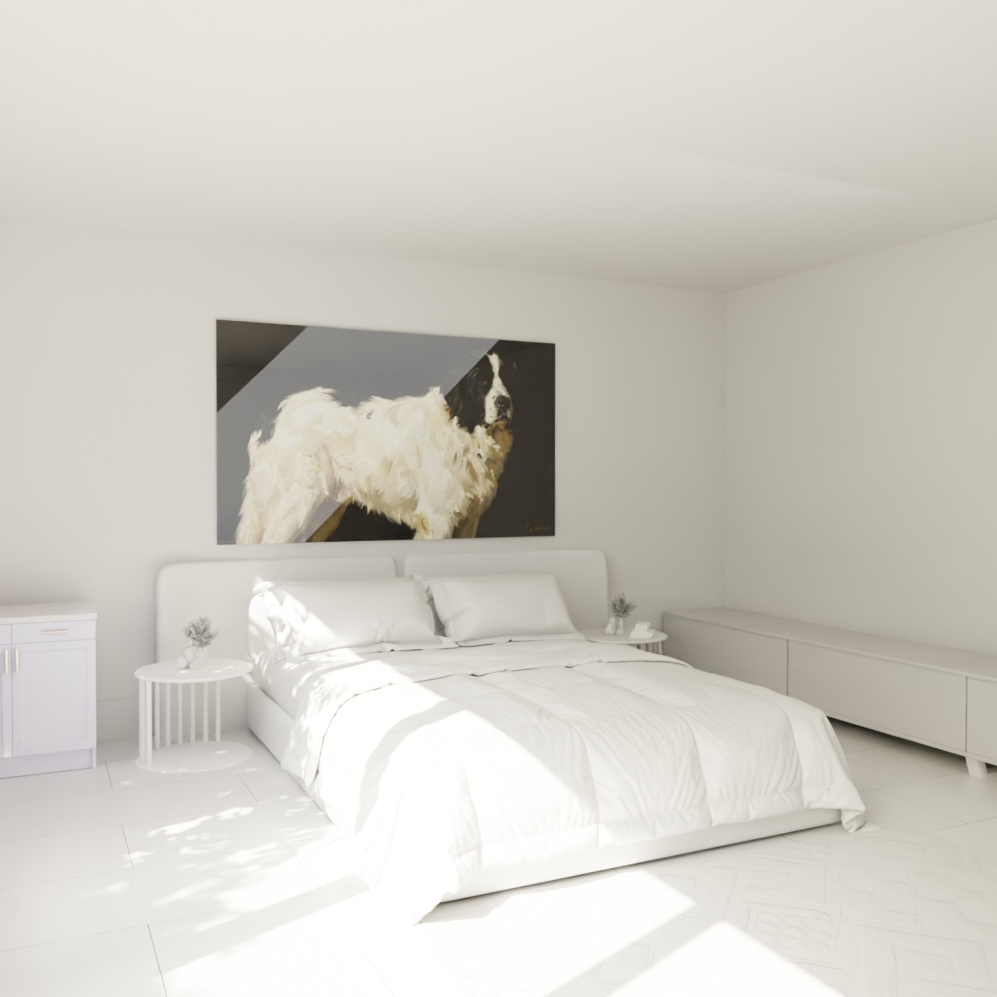 Tableau Terre Neuve portrait canin décorant chambre moderne aux murs clairs