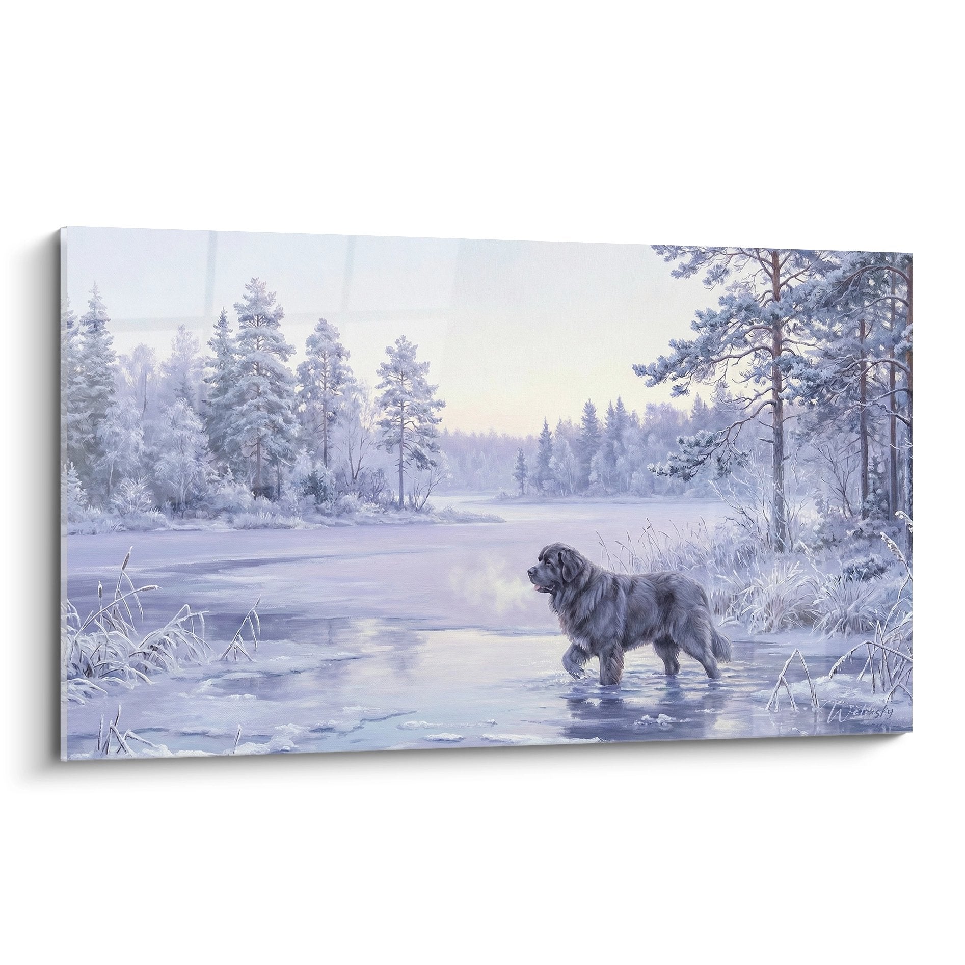 Gemälde Neufundland in winterlichem See mit gefrorenem Wasser, Schnee und Bäumen, Palette in Lila und Violett, nordische und ruhige Atmosphäre