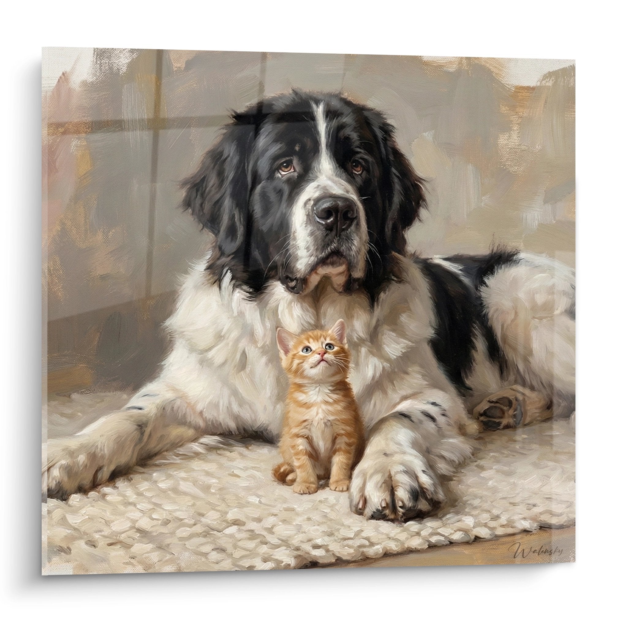 tableau terre-neuve landseer allonge avec petit chaton roux orangé sur tapis tresse scene attendrissante