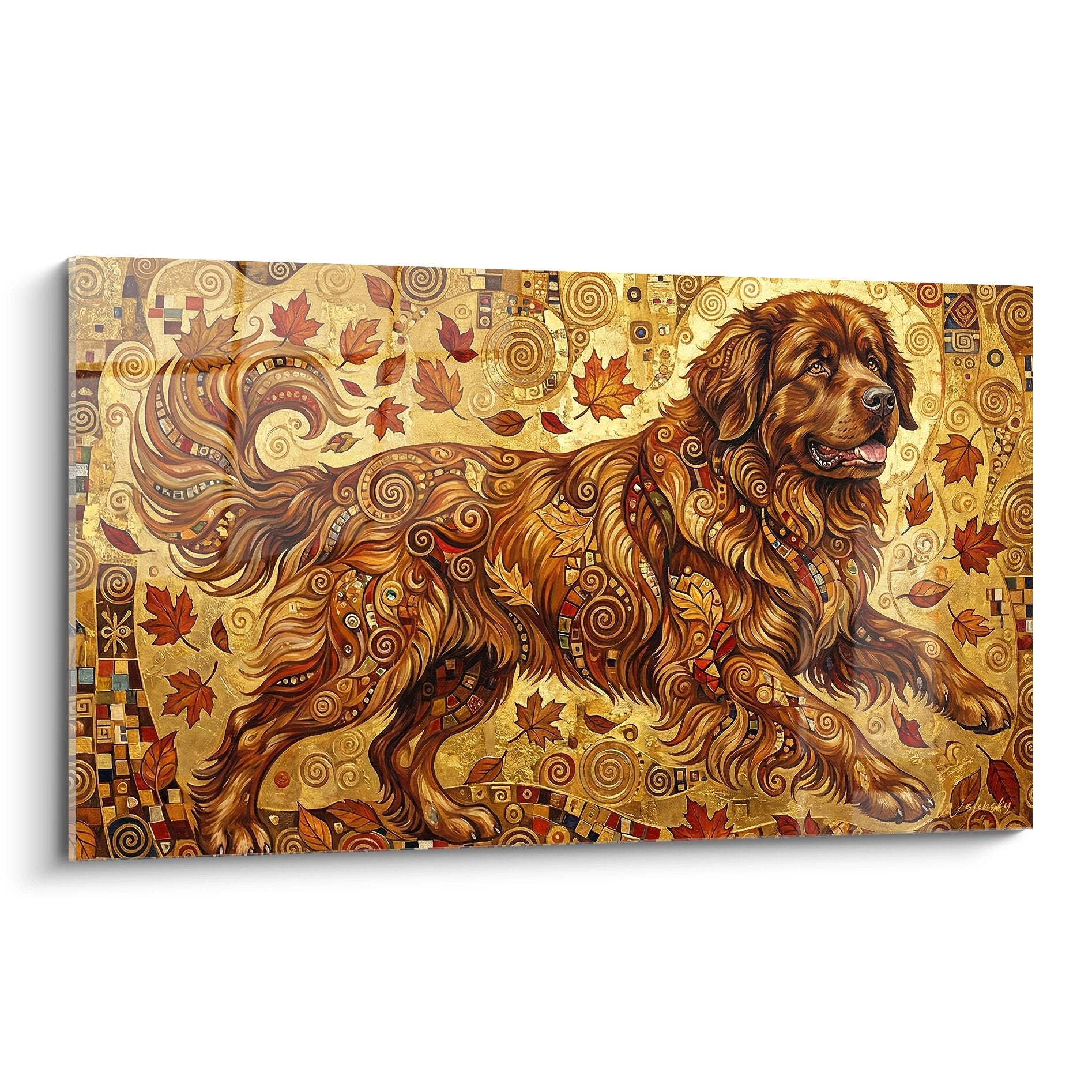 Tableau Terre Neuve aux motifs dorés ornementaux style Art nouveau avec feuilles d'érable