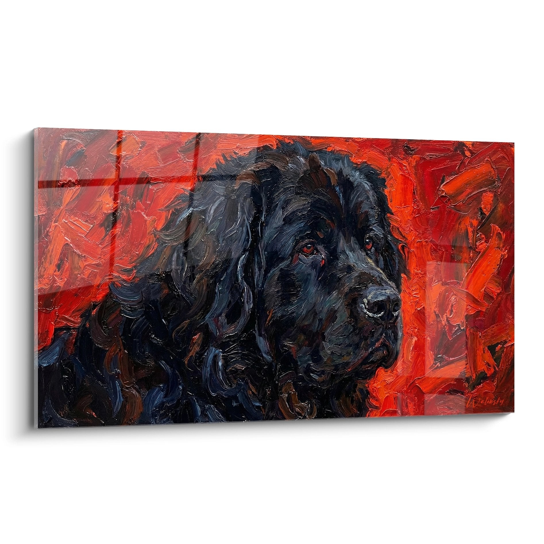 Tableau expressionniste Terre Neuve noir aux yeux mélancoliques sur fond rouge vermillon intense peinture à l'huile