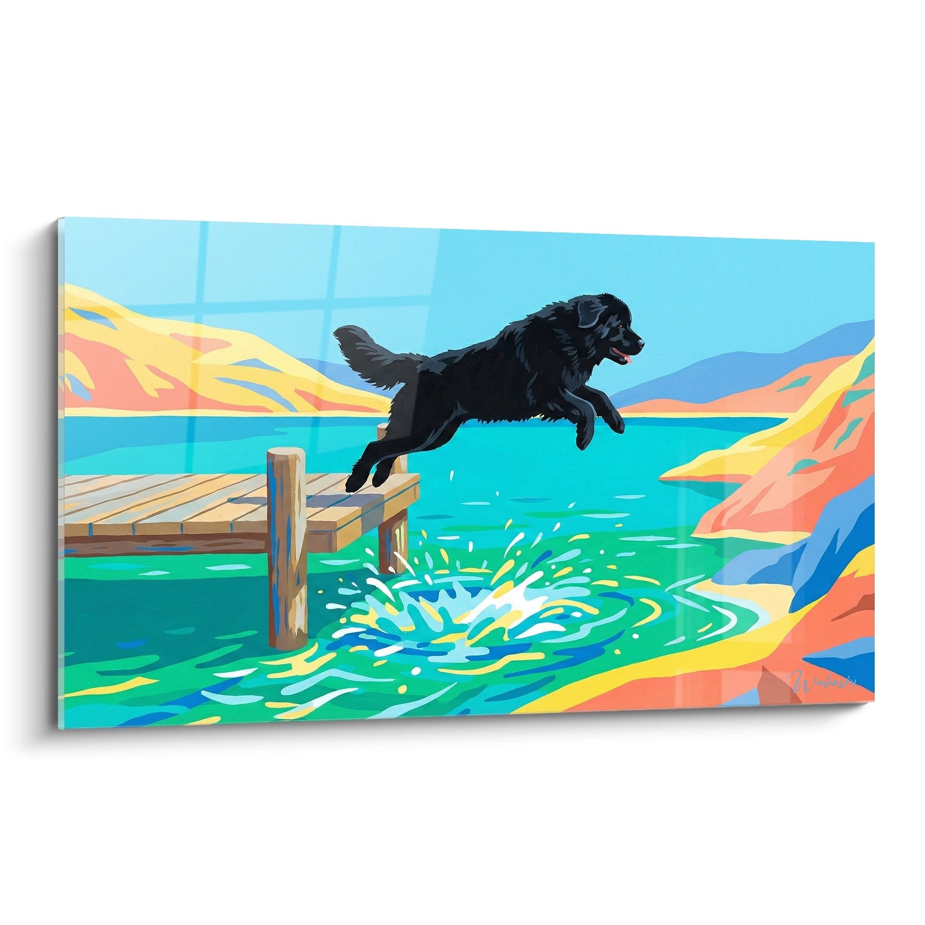 Tableau Terre Neuve noir sautant dans eau turquoise éclatante avec éclaboussures et paysage montagneux coloré
