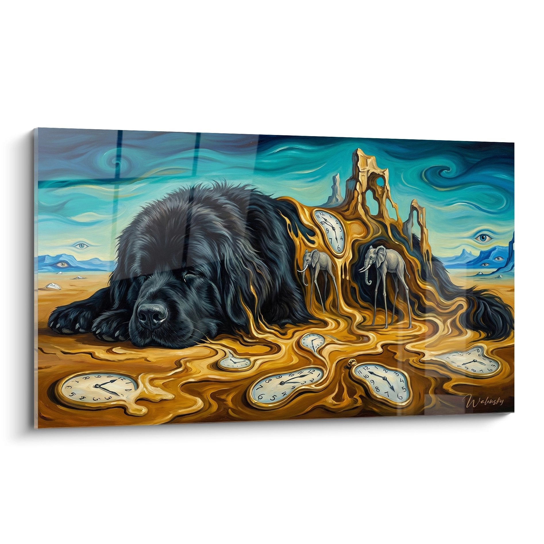 Tableau surréaliste Terre Neuve noir endormi avec horloges fondantes dorées sur paysage désertique bleu