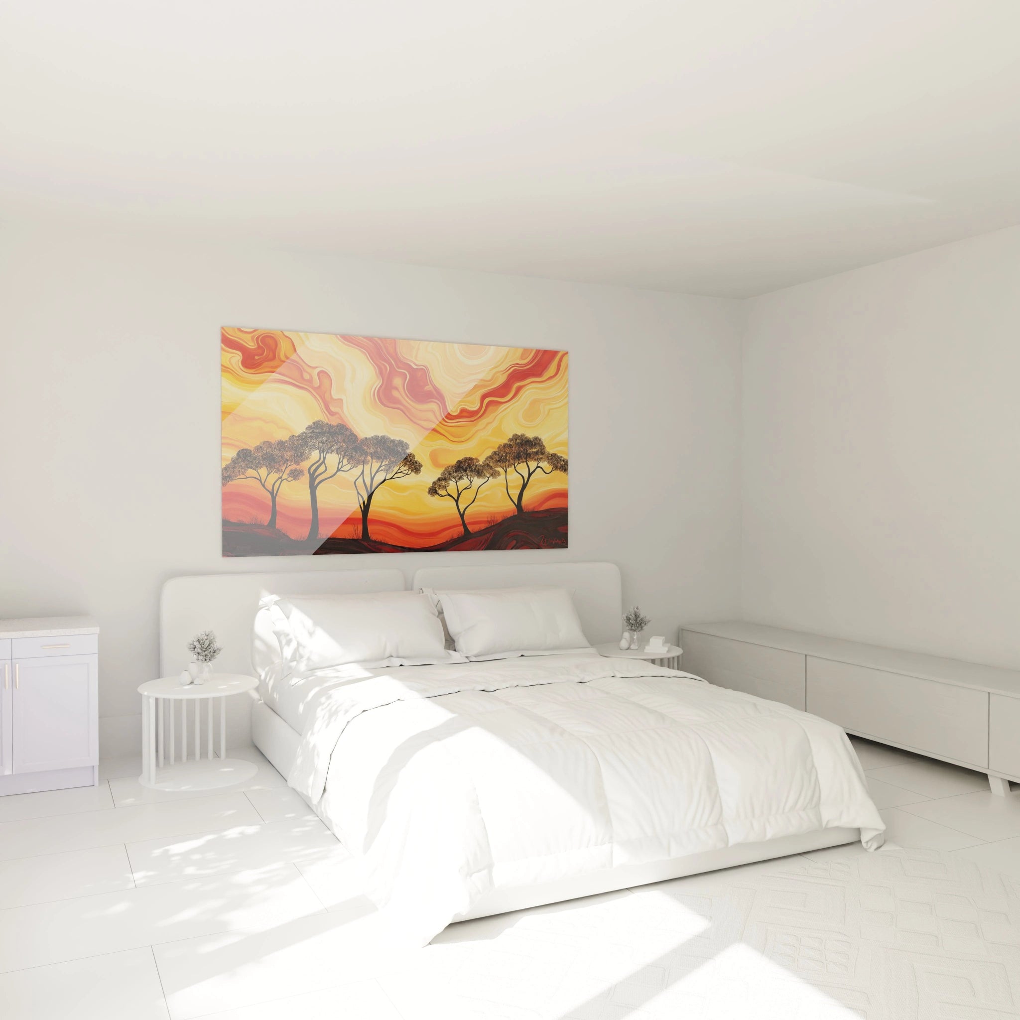 Tableau africain mural Walensky avec paysage d'arbres au coucher de soleil dans une chambre moderne