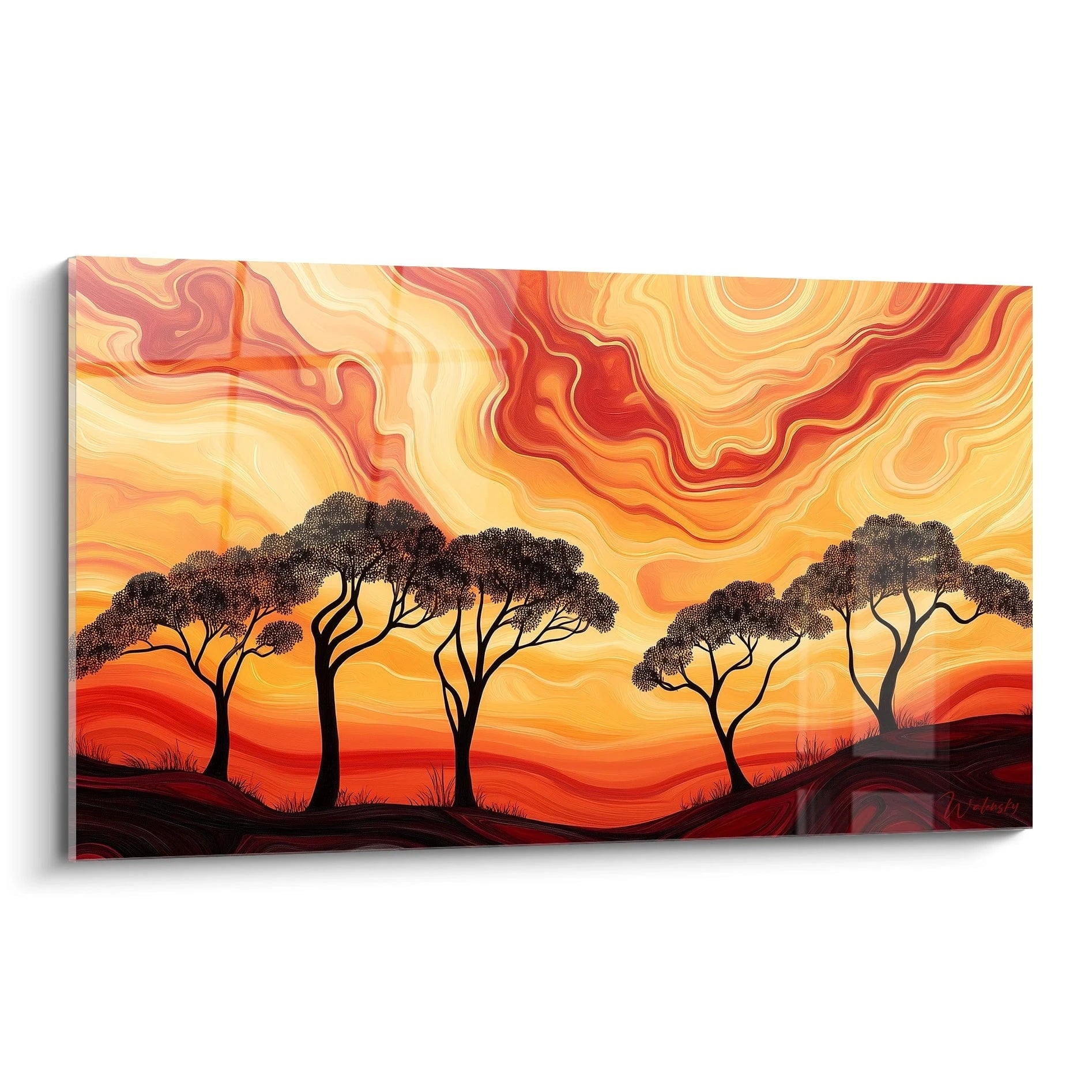 Tableau africain mural Walensky avec silhouette d'arbres et ciel orange aux tons chauds